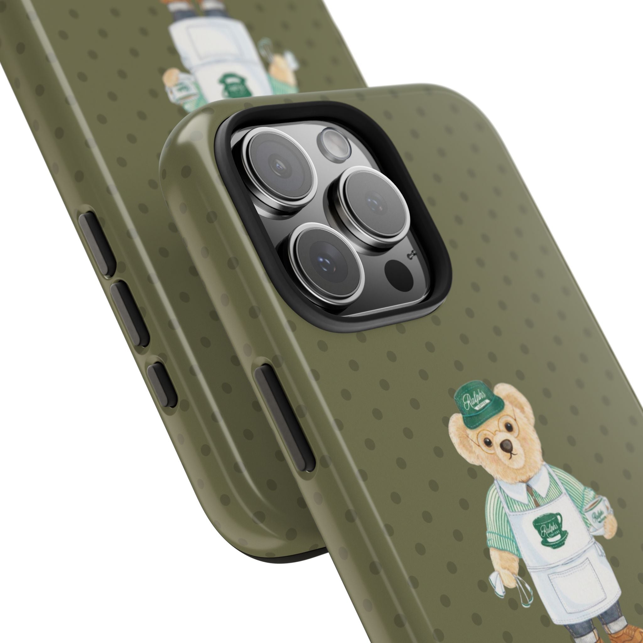Olive green dot phone case close-up of camera area with teddy bear chef decal