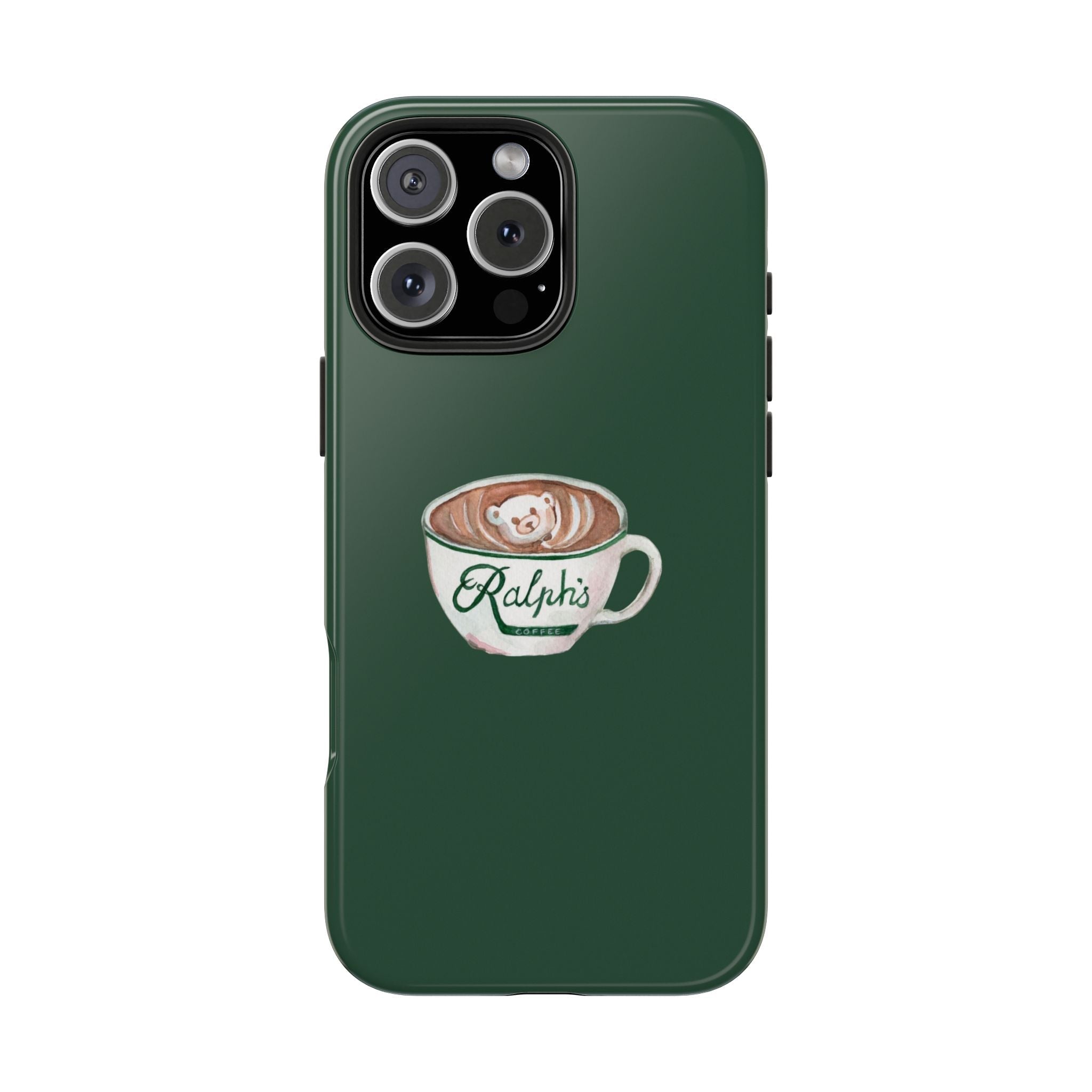 Green phone case back with Ralphi’s coffee bear mug print and triple camera cutouts