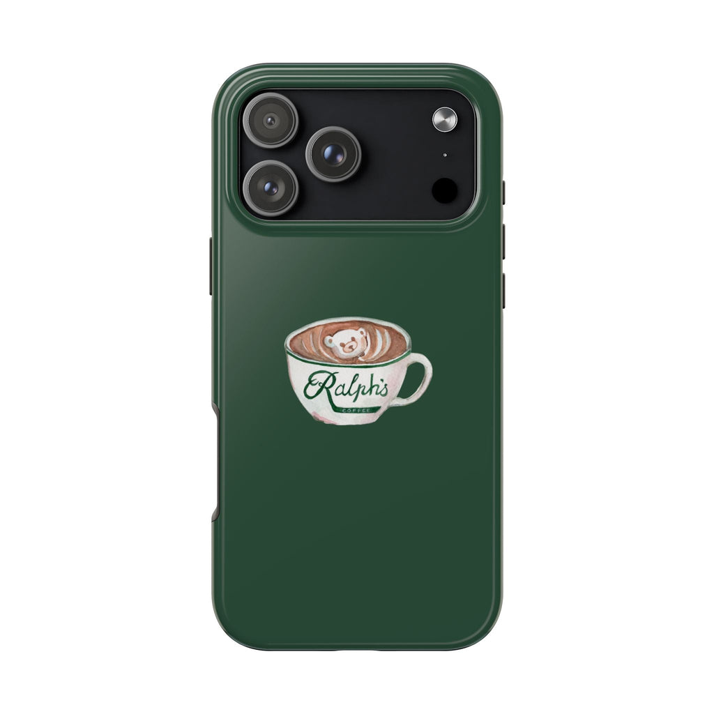 Green phone case with Ralphi’s coffee bear mug graphic and camera cutout