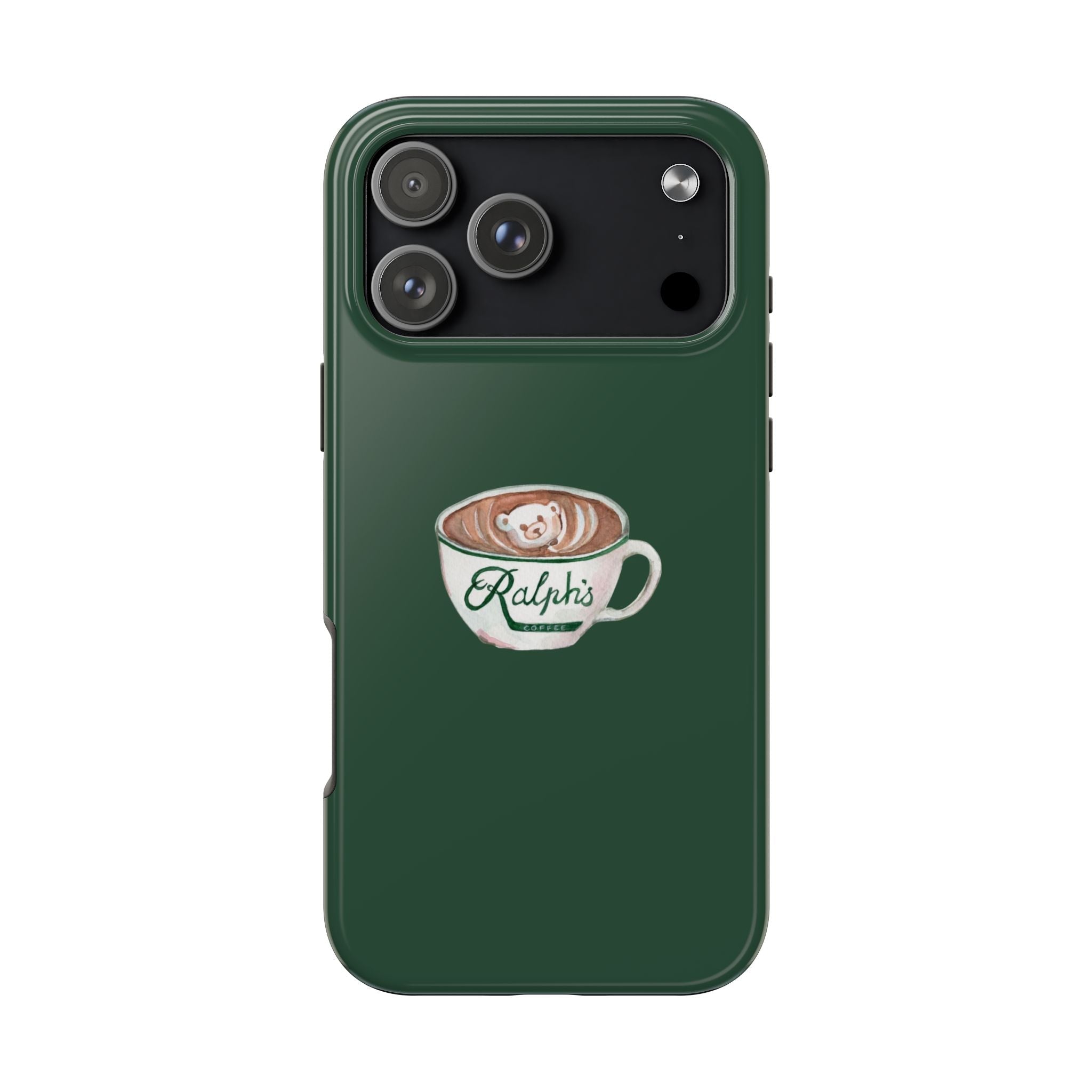 Green phone case with Ralphi’s coffee bear mug graphic and camera cutout