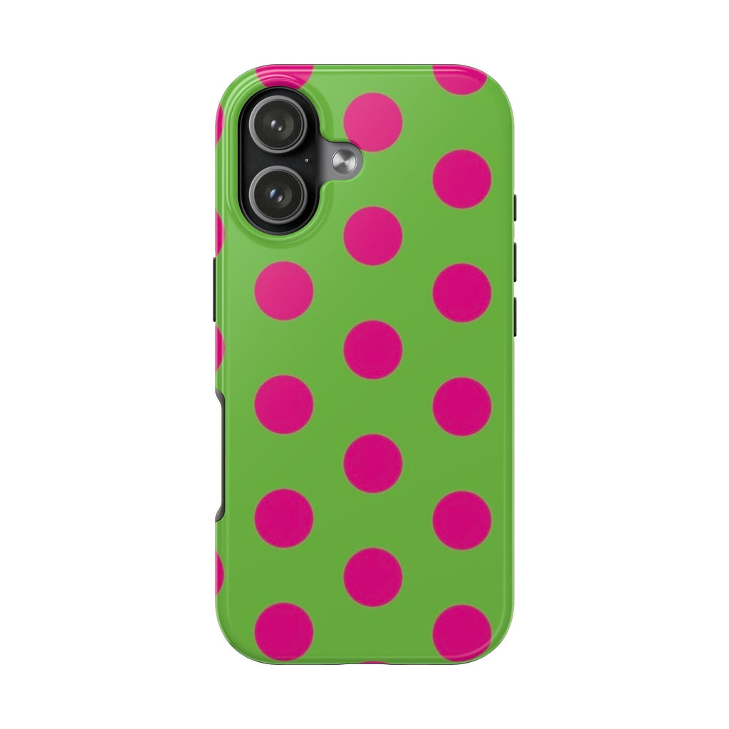 Green phone case with magenta polka dots, rear camera cutouts