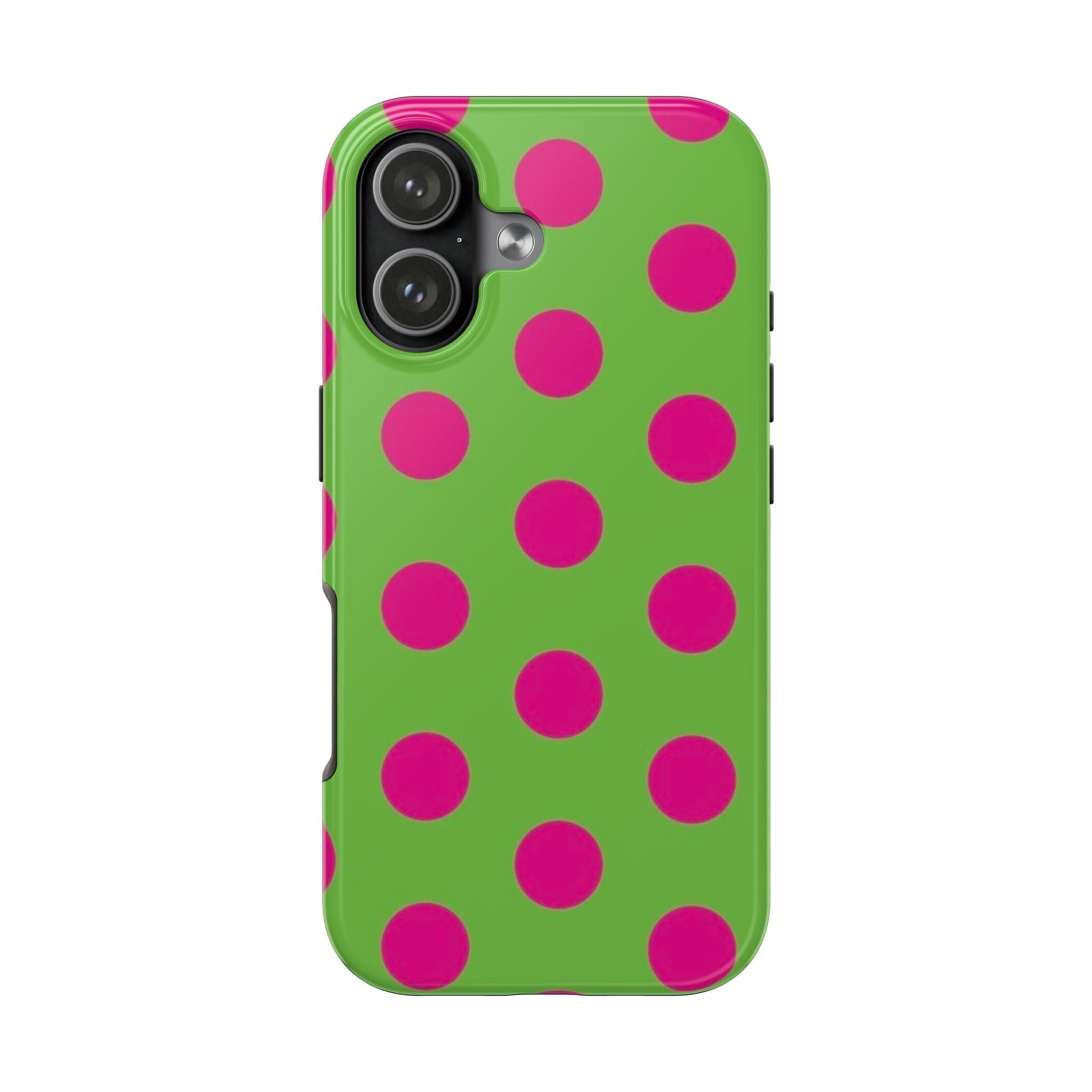 Green phone case with magenta polka dots, rear camera cutouts