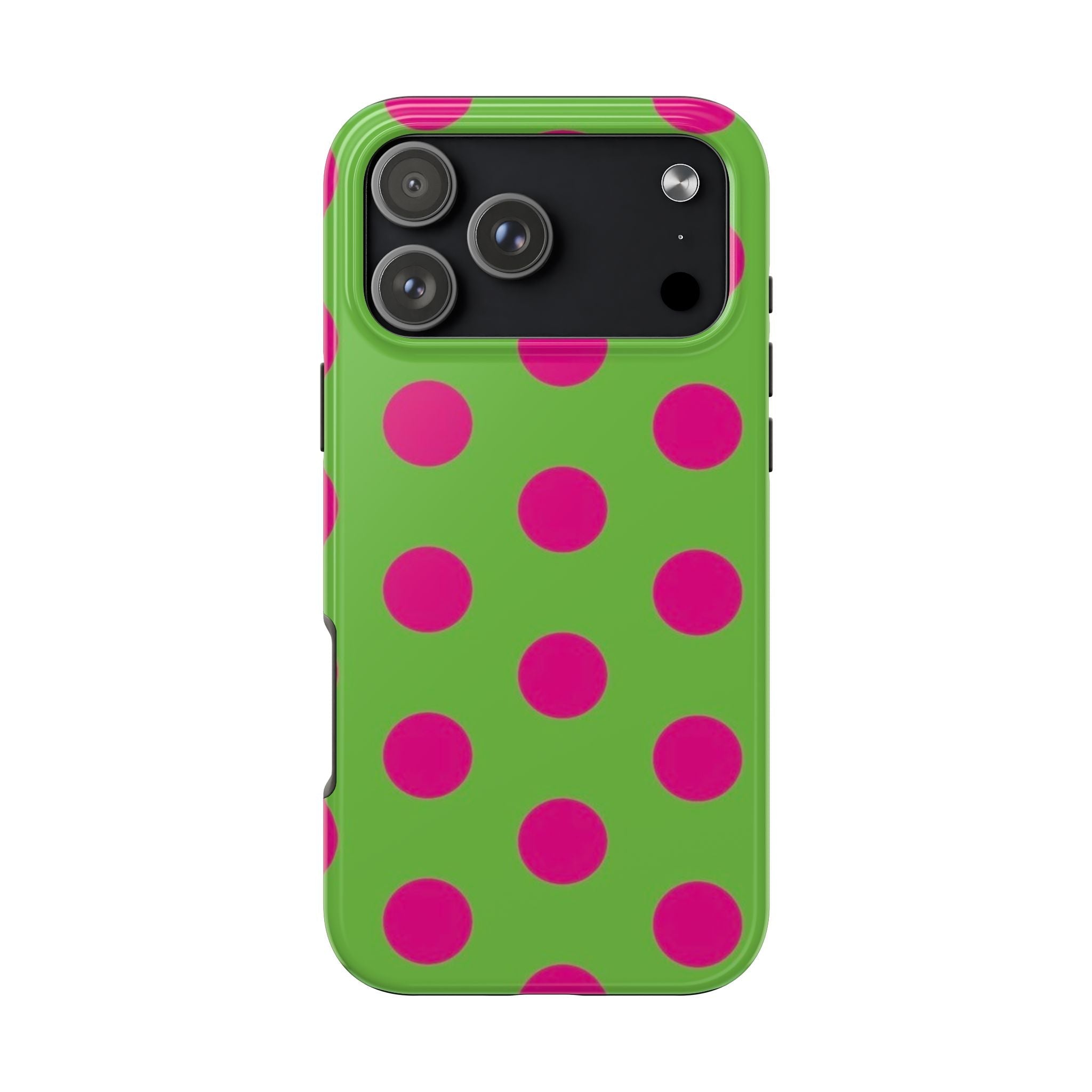 Green raspberry polka dot phone case with rear camera and flash cutouts