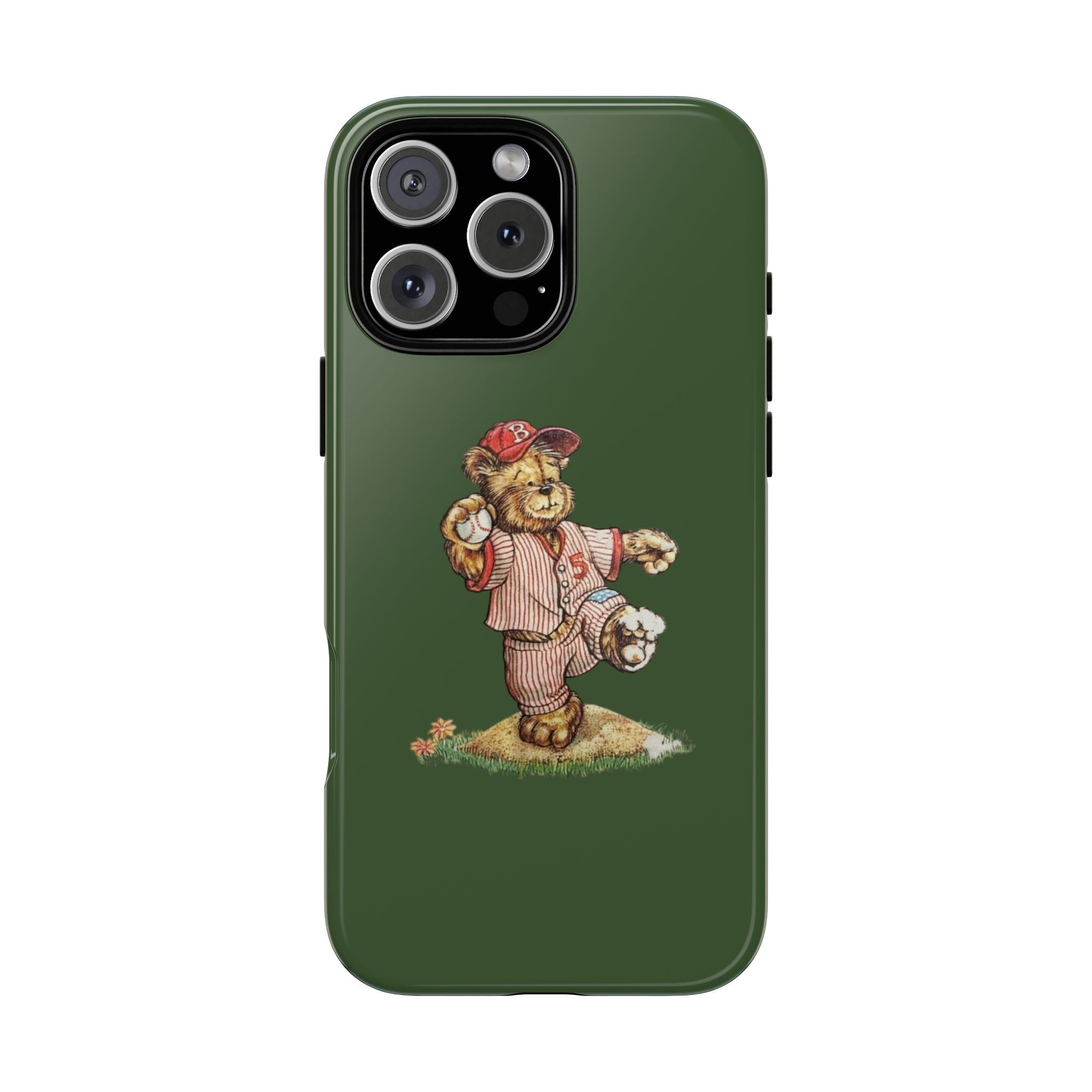 Green phone case with classic teddy bear baseball uniform graphic and camera cutouts