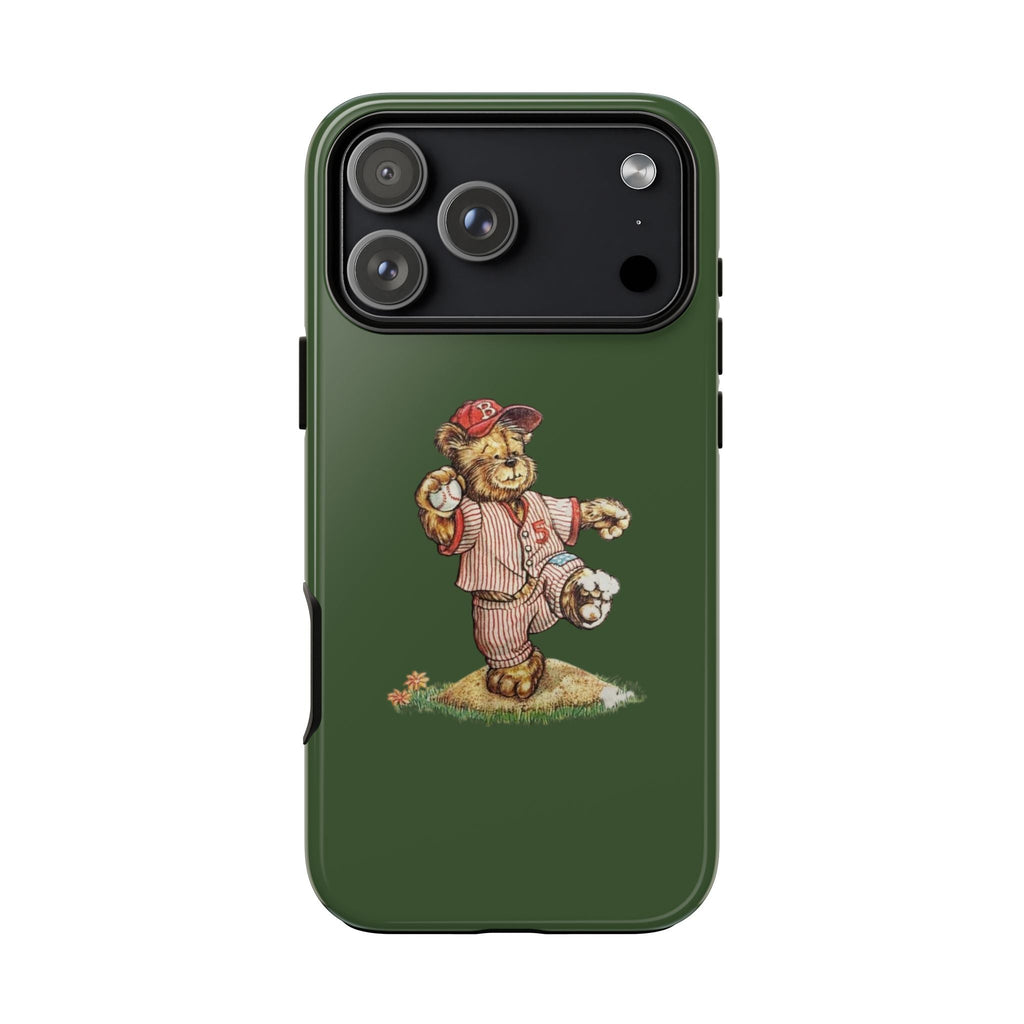 Green phone case with teddy bear baseball player illustration on back and camera area
