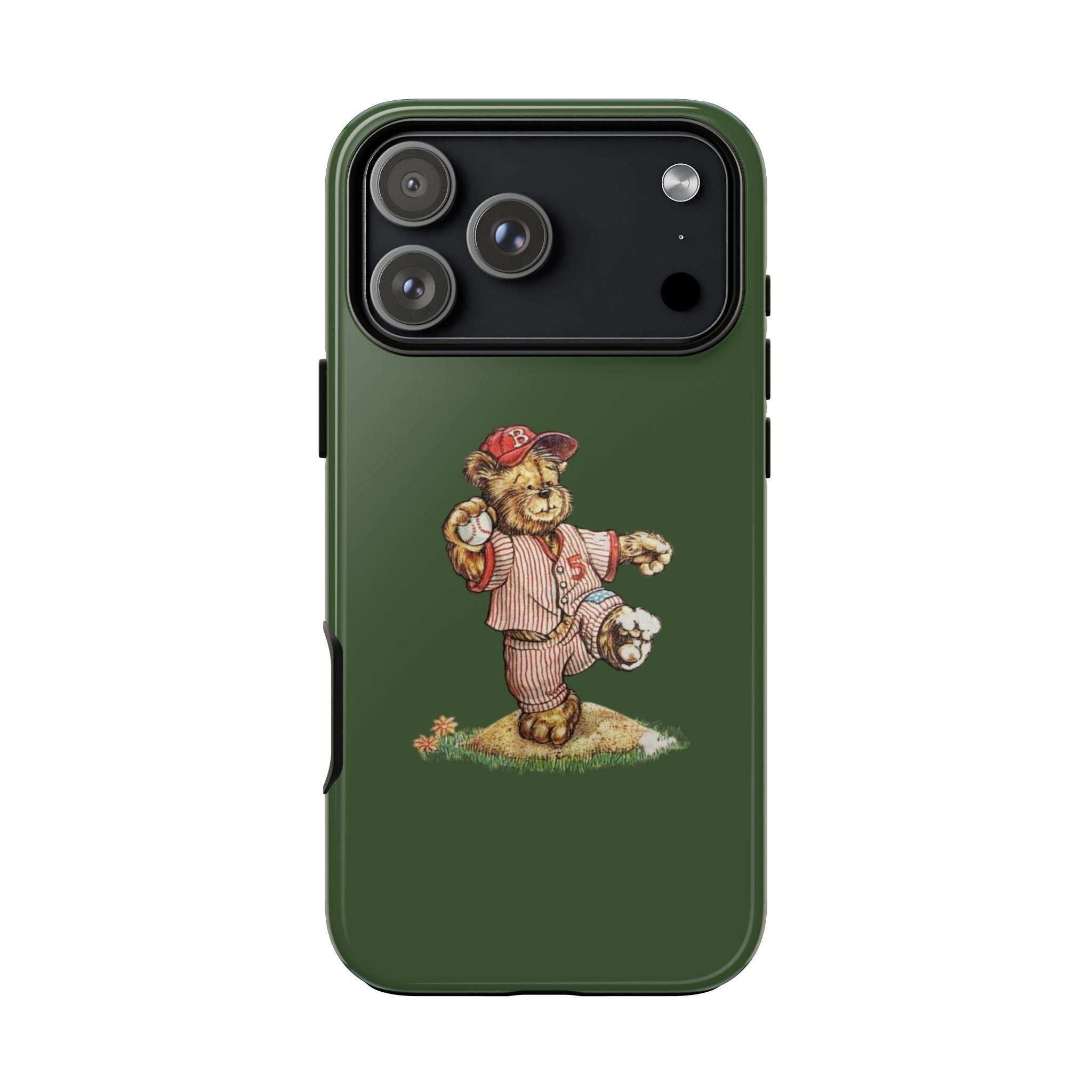 Green phone case with teddy bear baseball player illustration on back and camera area