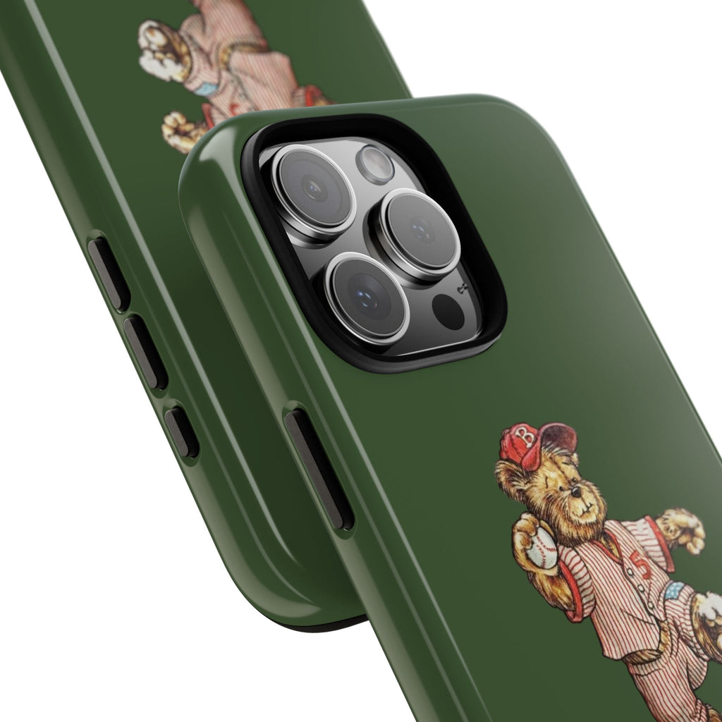 Green slim phone case with teddy bear baseball graphic and raised camera lens cover