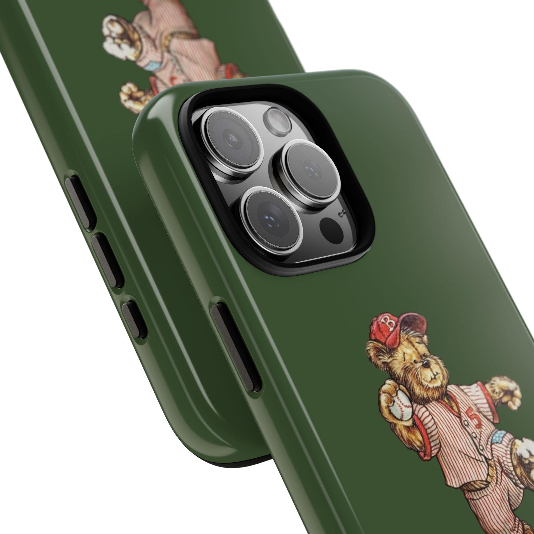 Green slim phone case with teddy bear baseball graphic and raised camera lens cover