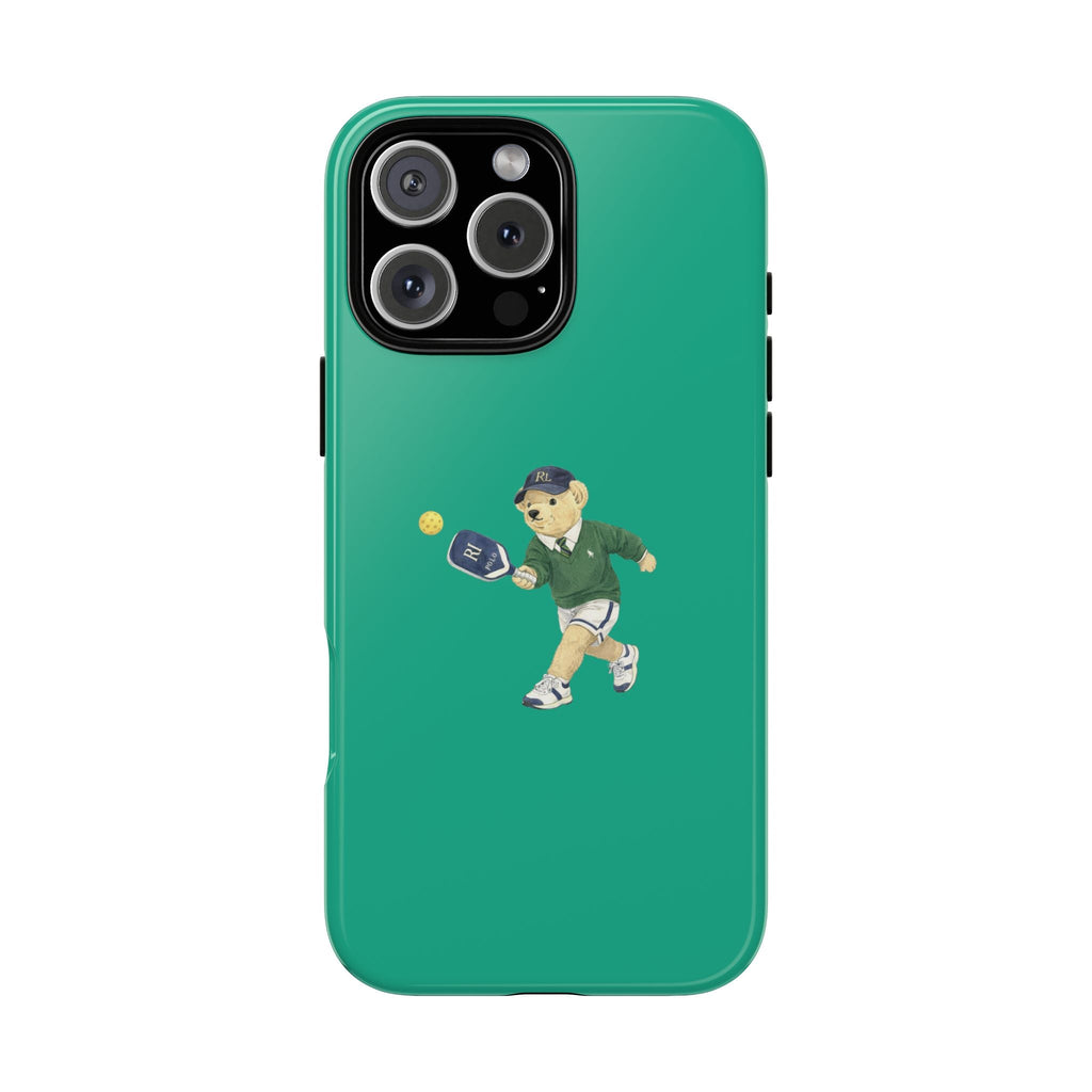 Green pickleball teddy bear phone case with cartoon bear holding paddles on back