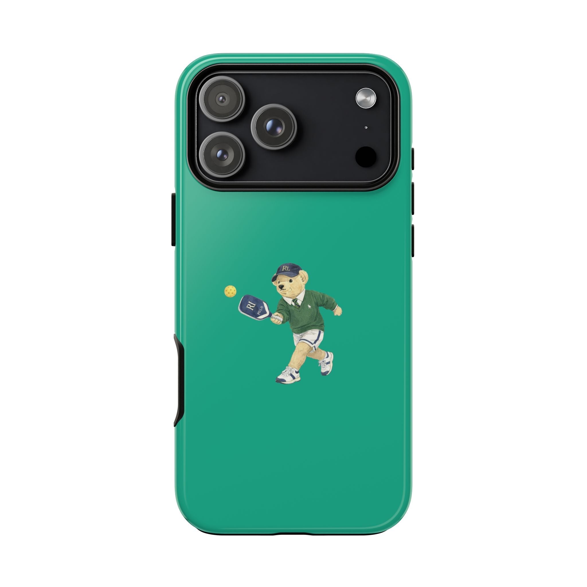 Green phone case featuring a teddy bear pickleball player centered on the back