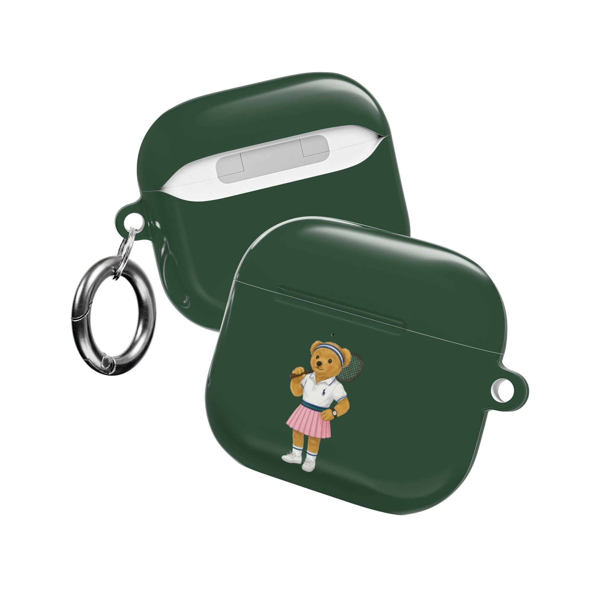 Green AirPods case with teddy bear tennis graphic, side carabiner-style keyring