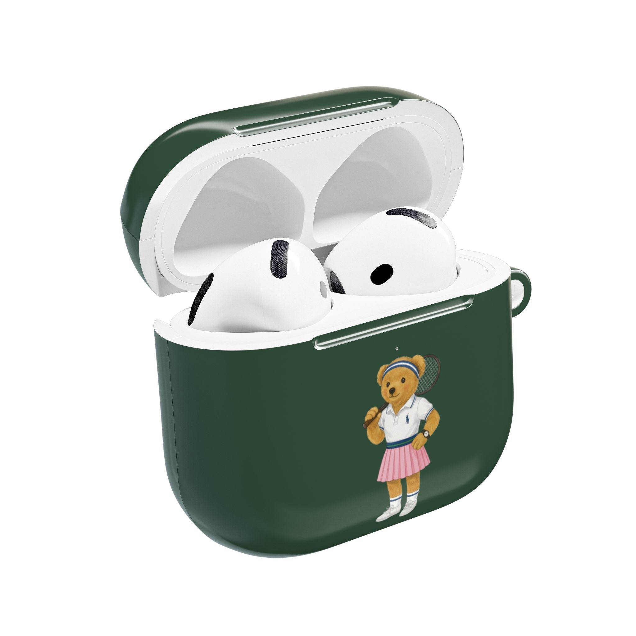 Green AirPods case with teddy bear tennis graphic; open lid showing white earbuds
