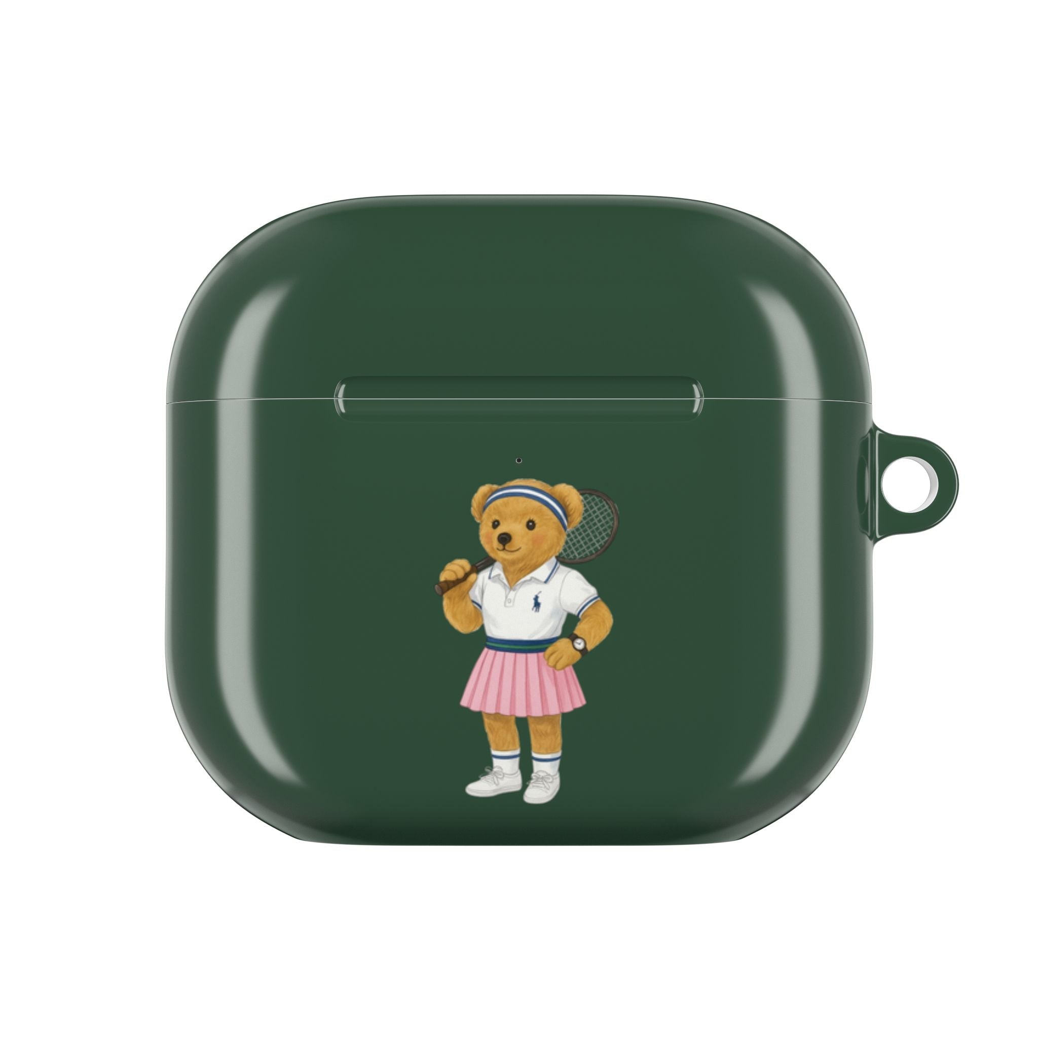 Green AirPods case front with centered teddy bear tennis graphic and small side loop