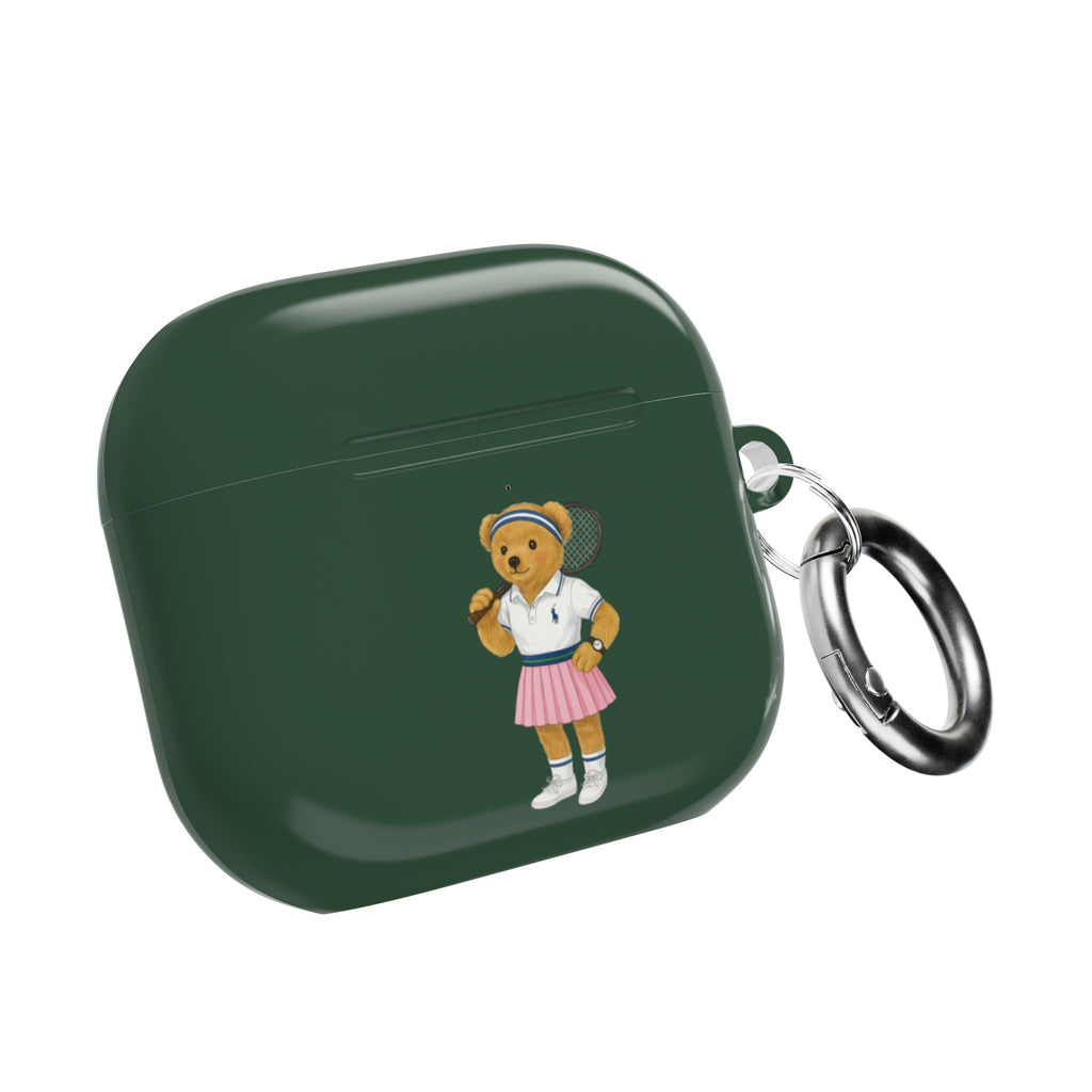 Green AirPods case with teddy bear tennis graphic and metal keyring on side