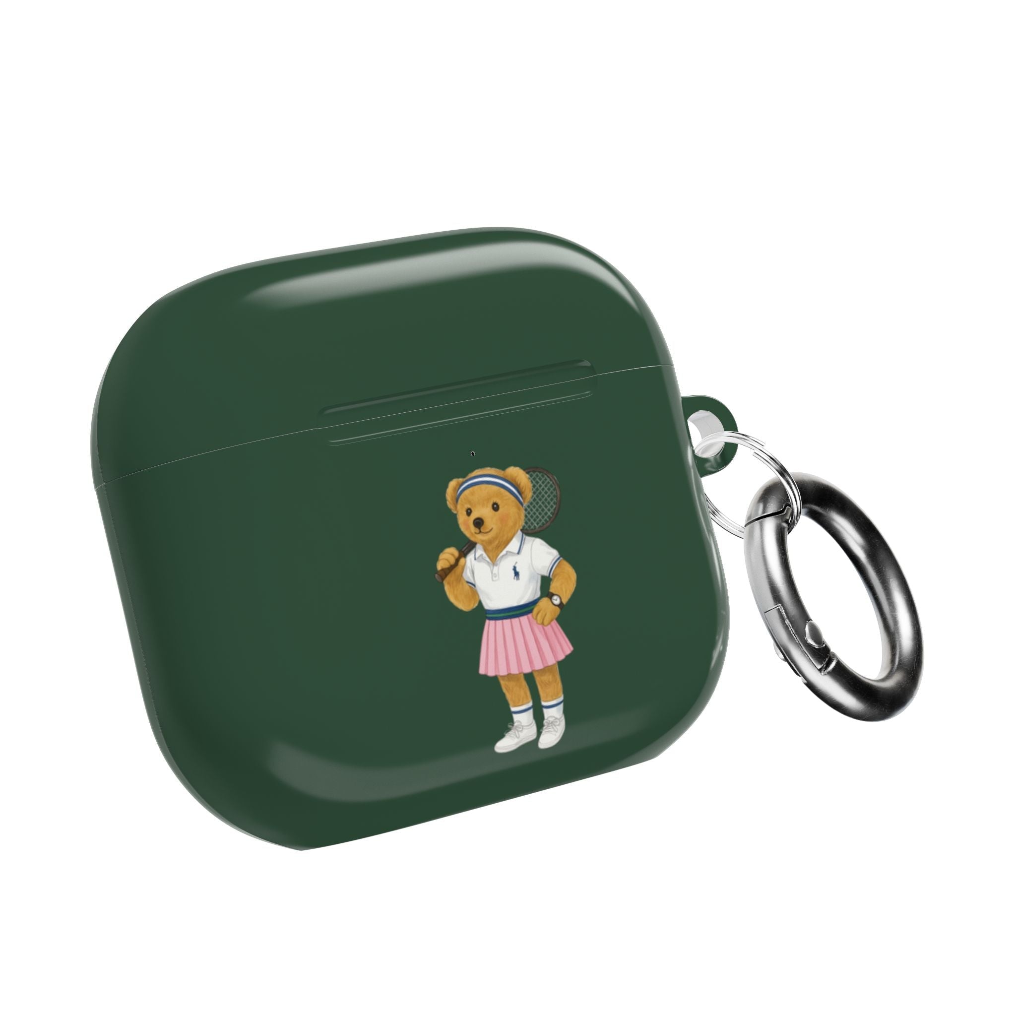 Green AirPods case with teddy bear tennis graphic and metal keyring on side