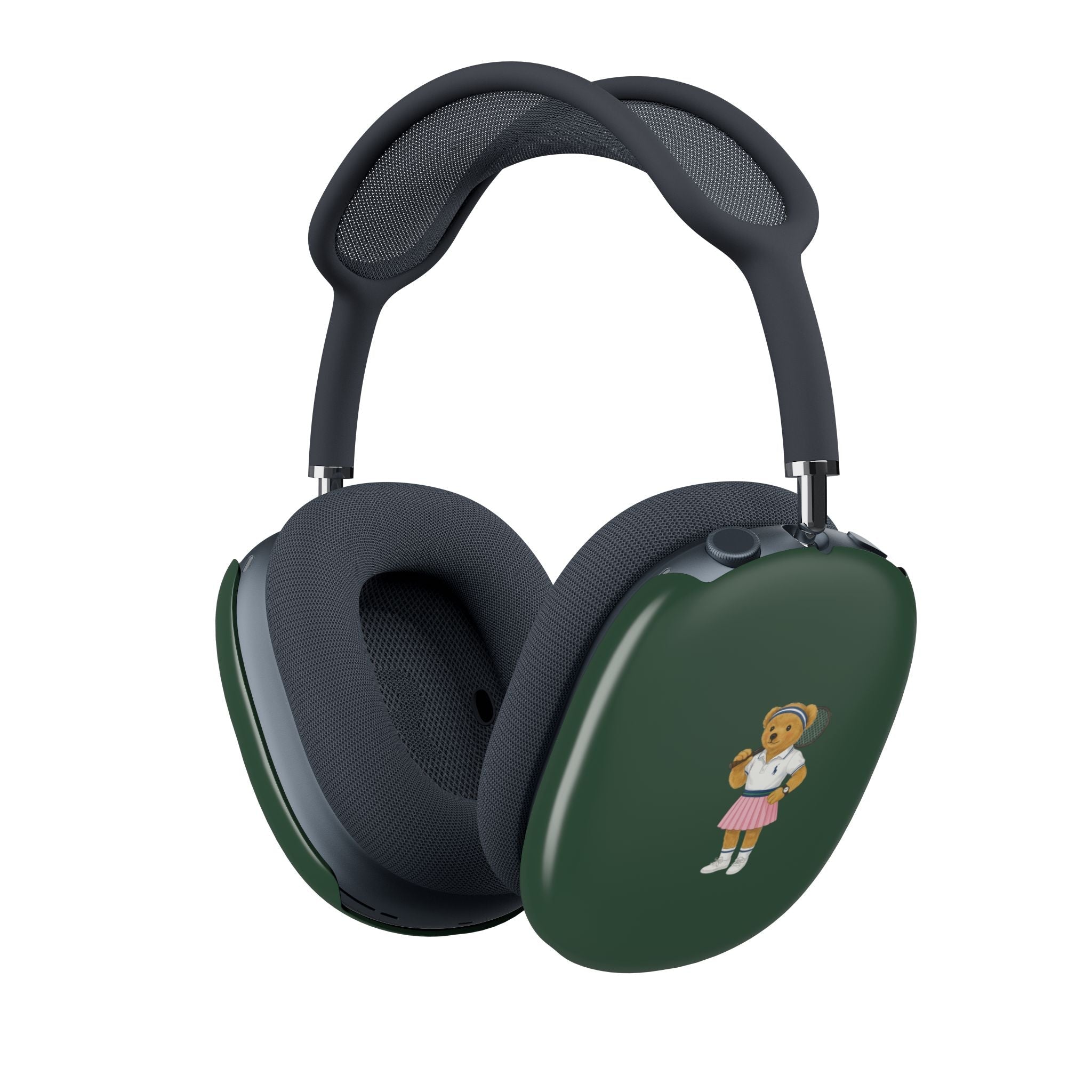Green oval AirPods Max case covers with teddy bear girl illustration on side
