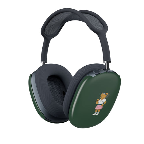 Green oval AirPods Max case covers with teddy bear girl illustration on side