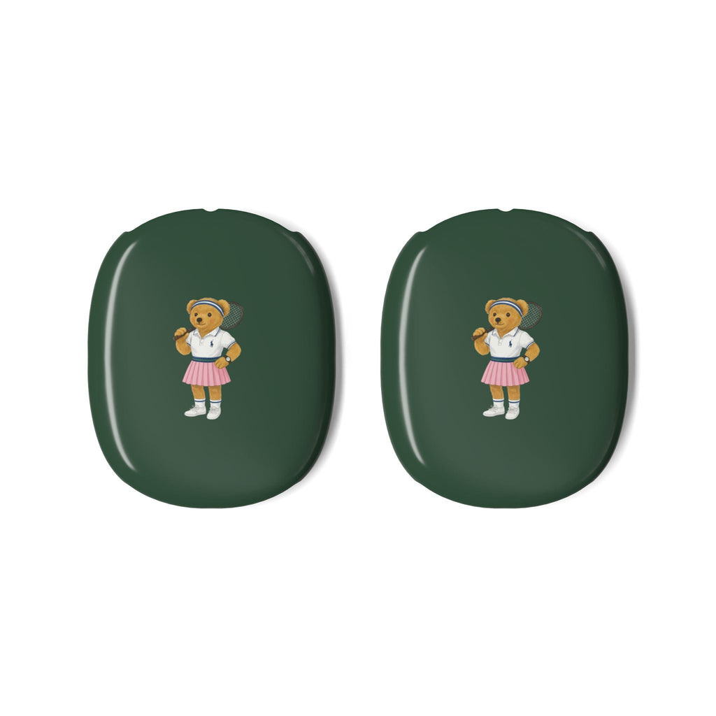 Pair of green AirPods Max case covers, each with teddy bear girl emblem