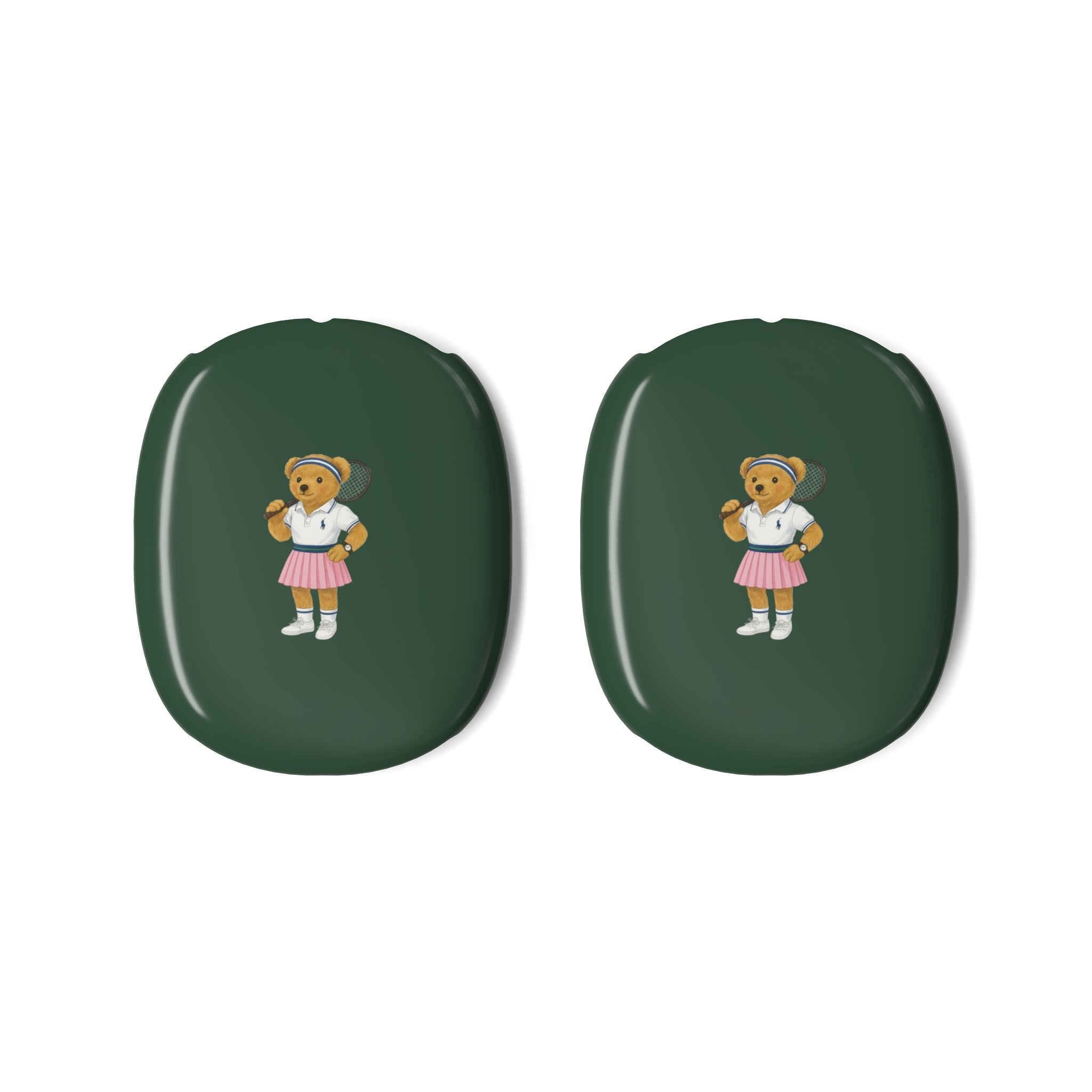 Pair of green AirPods Max case covers, each with teddy bear girl emblem