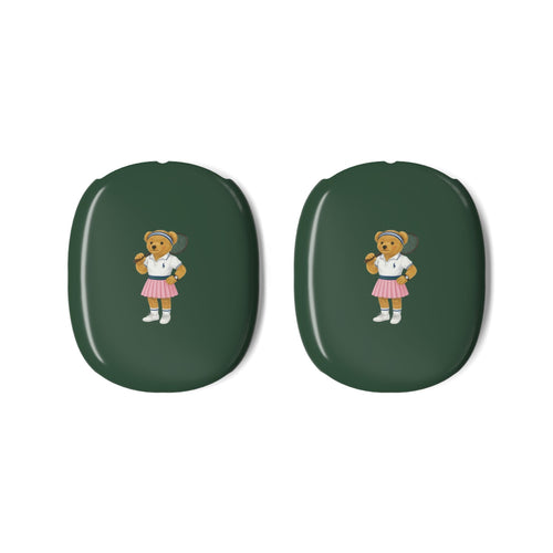 Pair of green AirPods Max case covers, each with teddy bear girl emblem