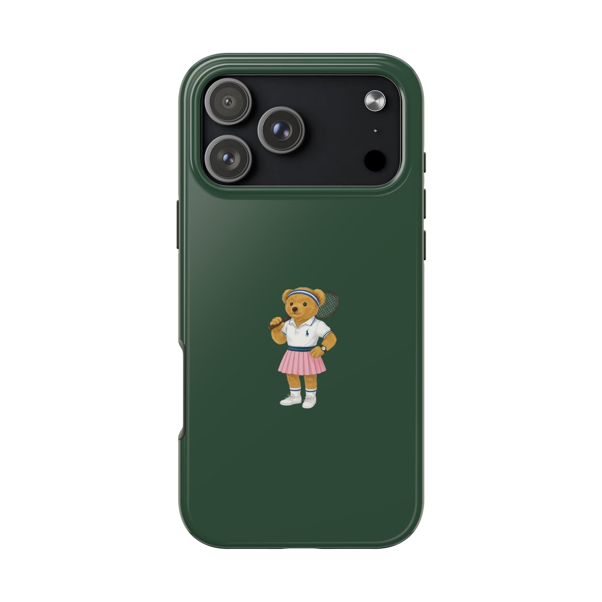 Green phone case with cartoon teddy bear in tennis outfit on back