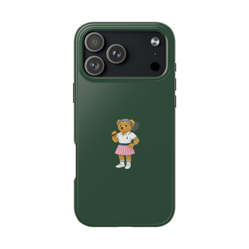 Green phone case with cartoon teddy bear in tennis outfit on back