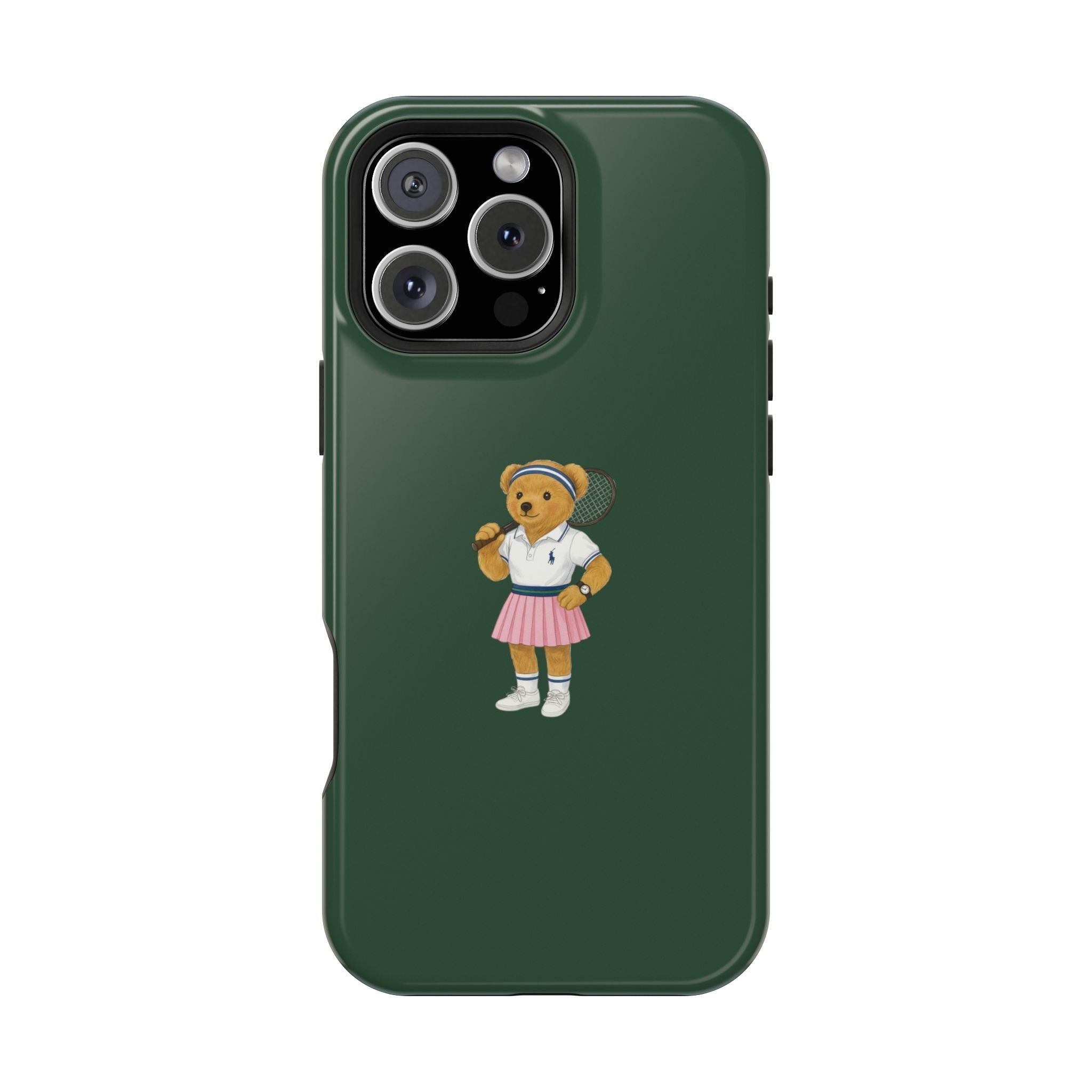 Green phone case back view with full teddy bear tennis player character