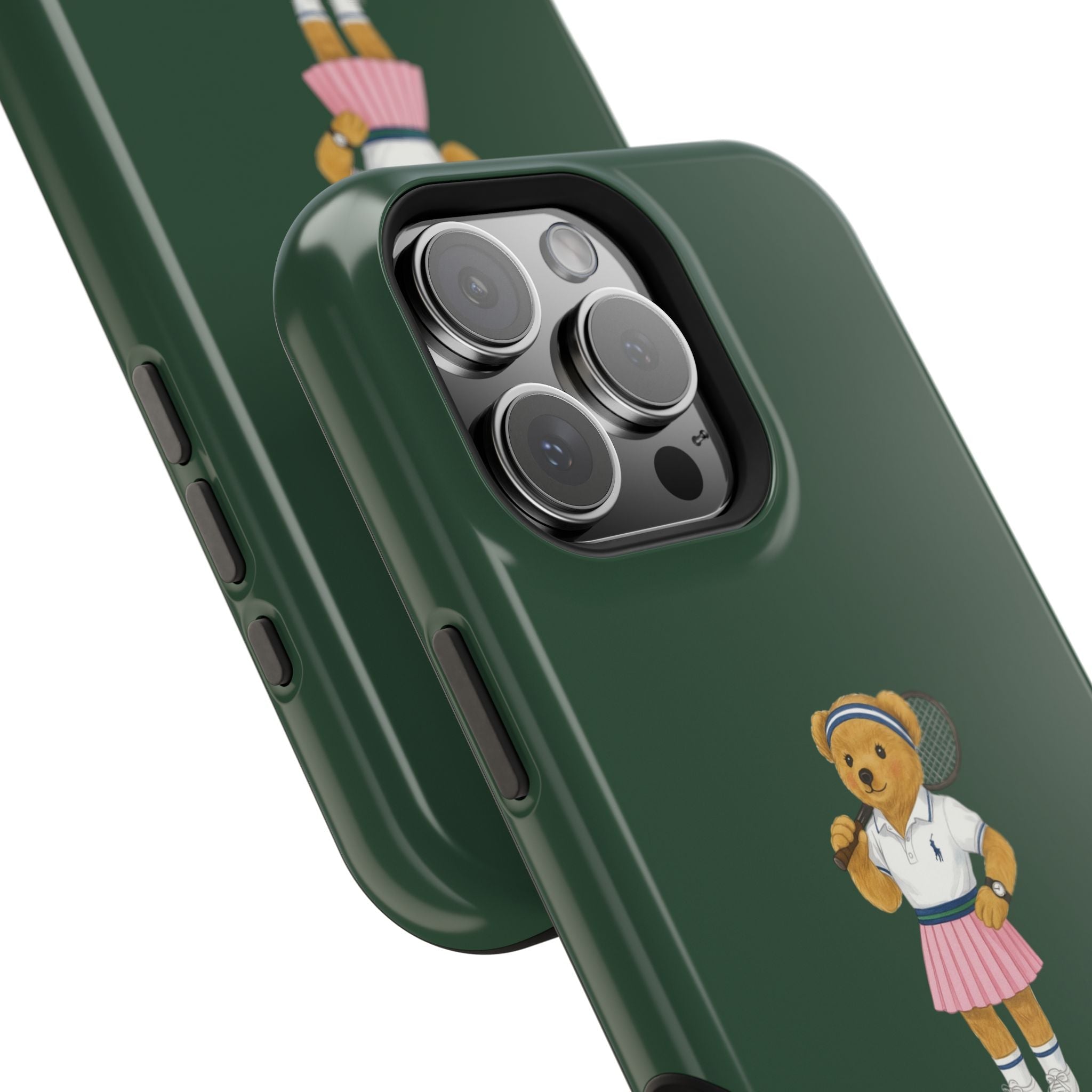 Green phone case close-up: teddy bear tennis graphic near camera cutouts