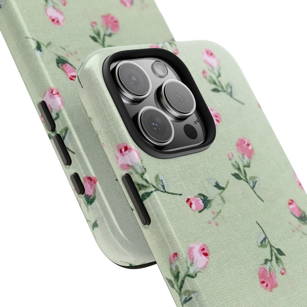 Mint green rose floral phone case with pink blooms, visible camera lenses and side cutouts