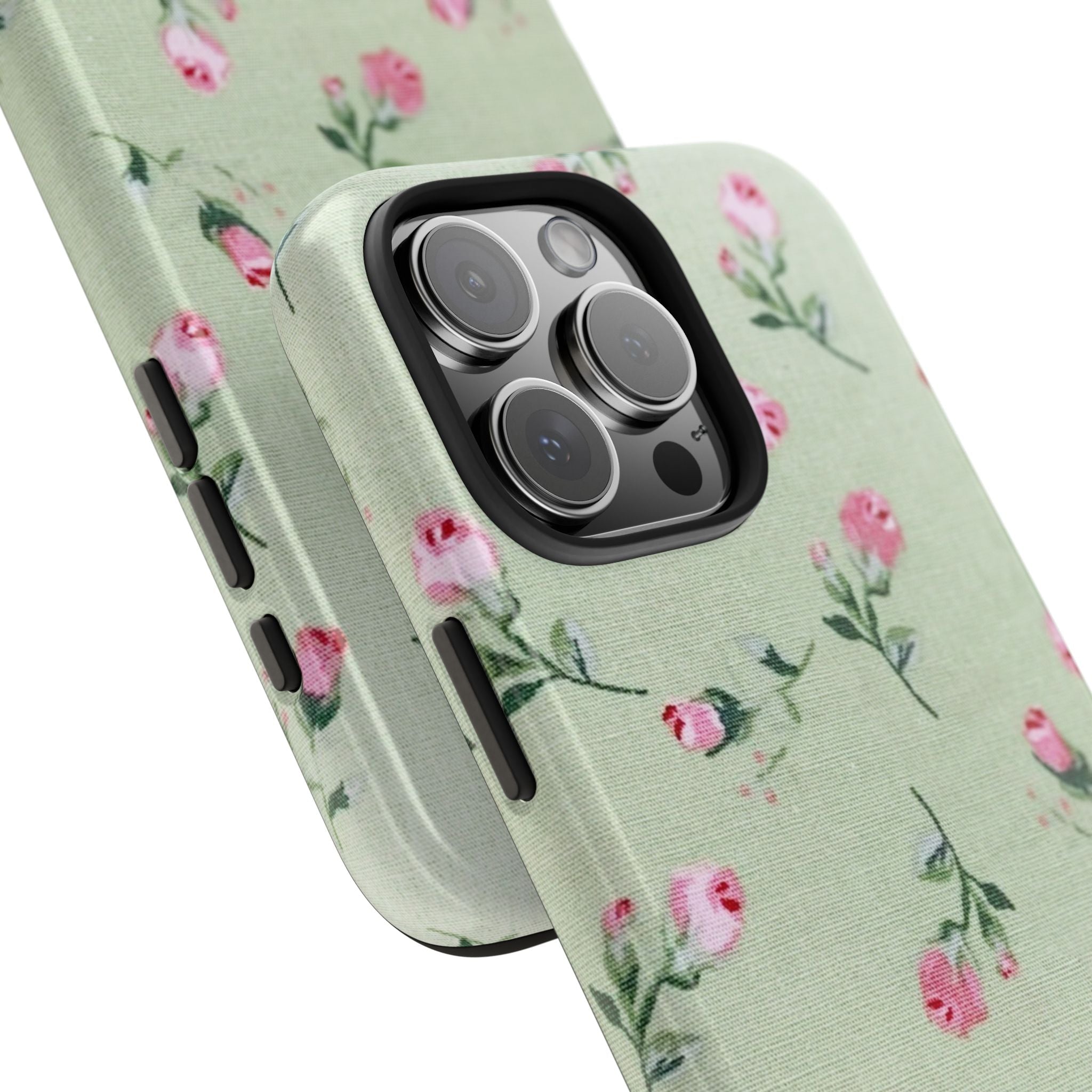 Mint green rose floral phone case with pink blooms, visible camera lenses and side cutouts