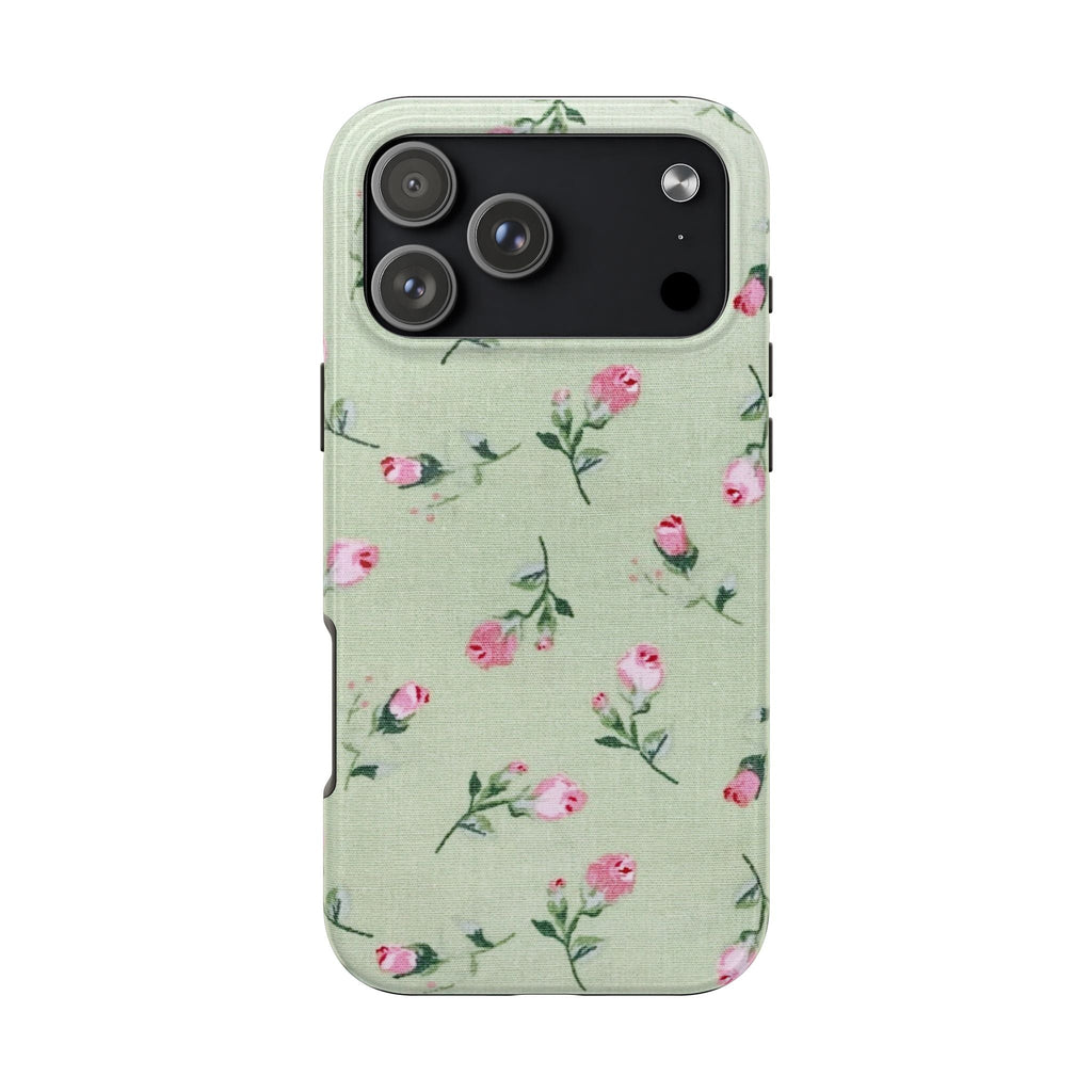 Light green rose-pattern phone case with pink flowers, camera module cutout and speaker opening