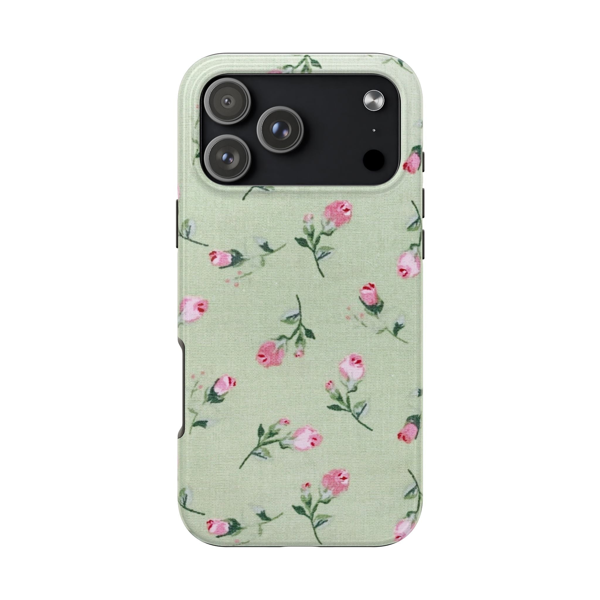Light green rose-pattern phone case with pink flowers, camera module cutout and speaker opening