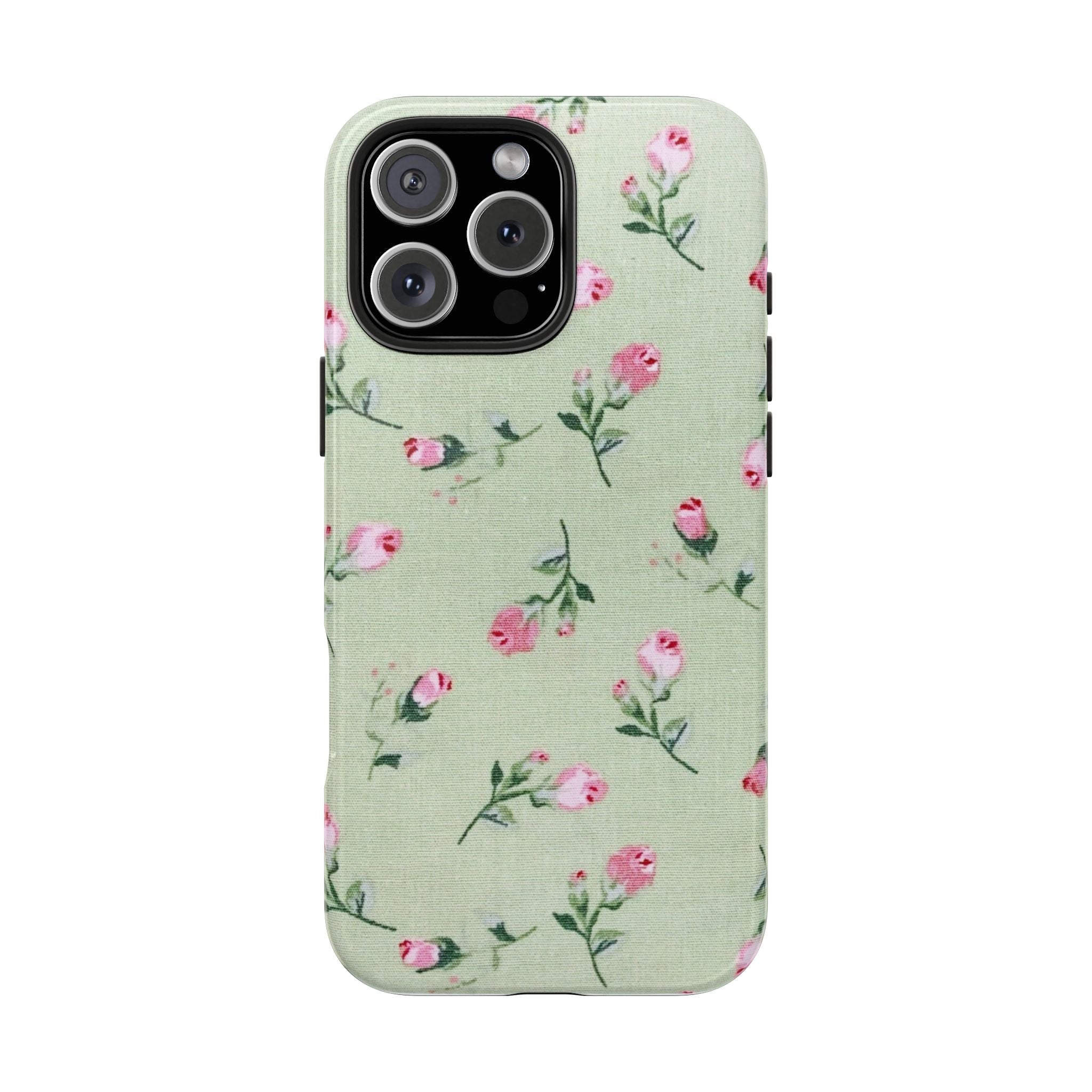 Light green phone case with pink rose floral pattern and raised camera cutouts