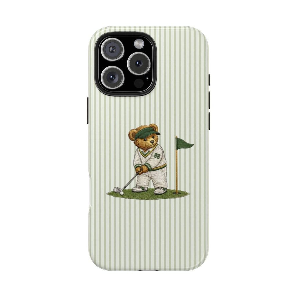 Green striped phone case with cartoon bear golfer standing by golf ball, flag up