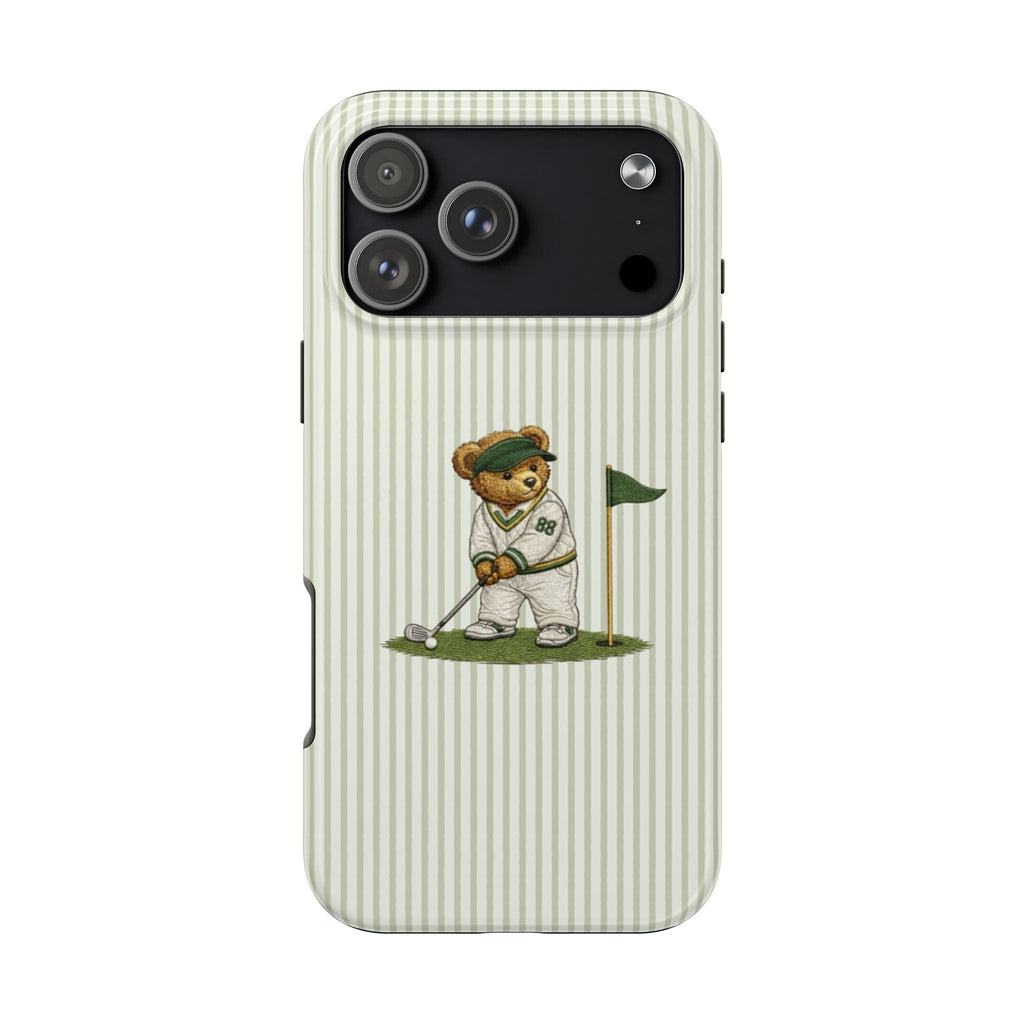 Green-and-white striped phone case with bear golfer holding a flag and club