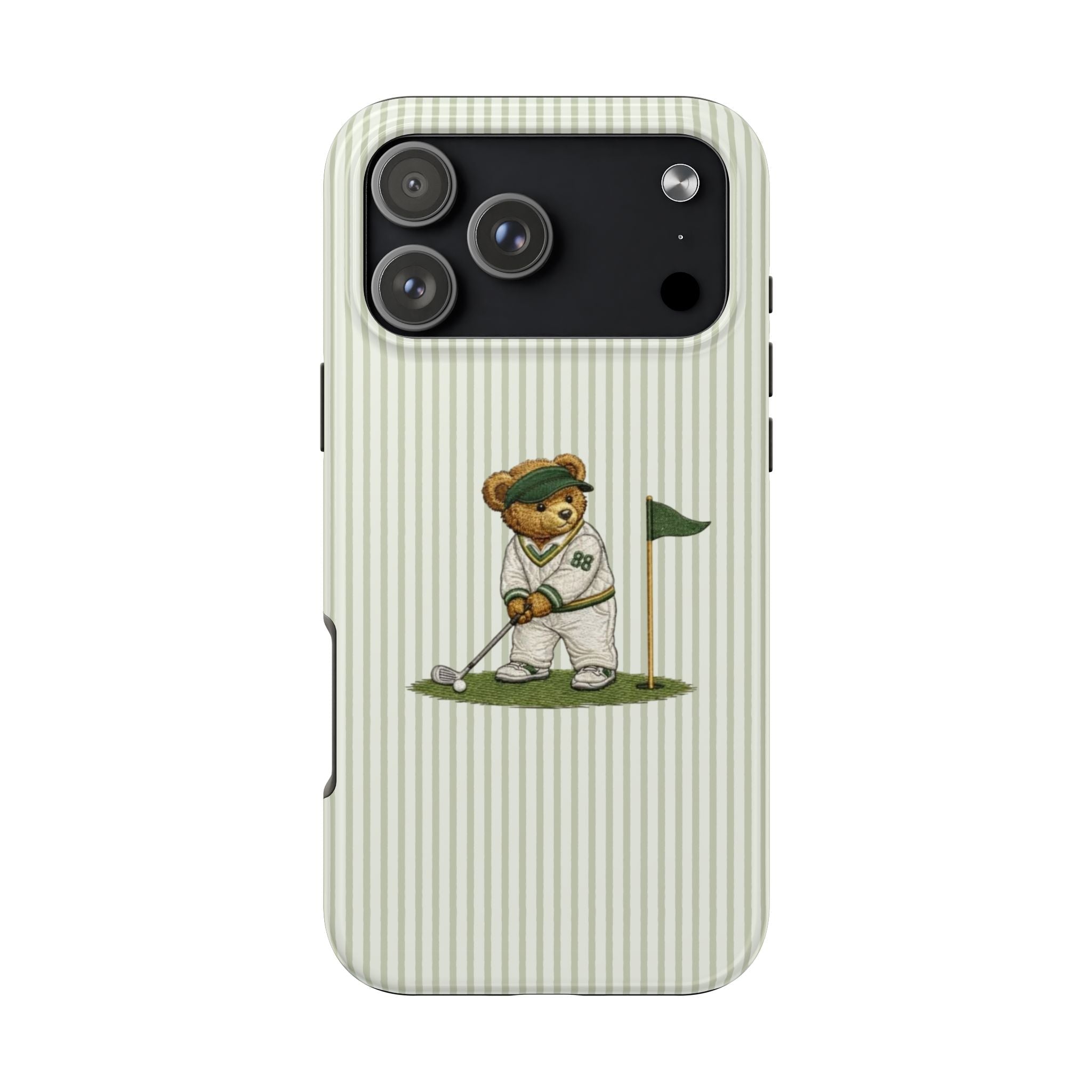 Green-and-white striped phone case with bear golfer holding a flag and club