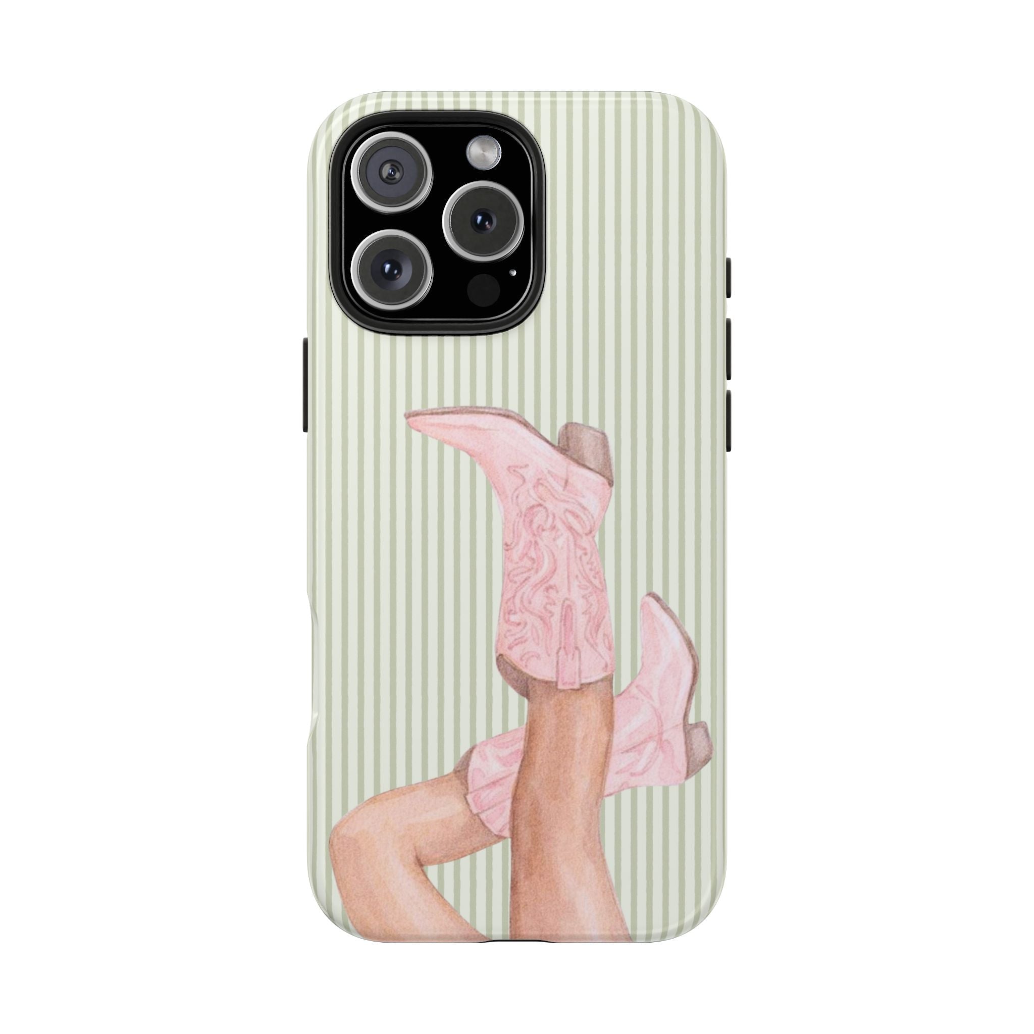 Green striped phone case with pink cowgirl boot illustration and camera cutouts