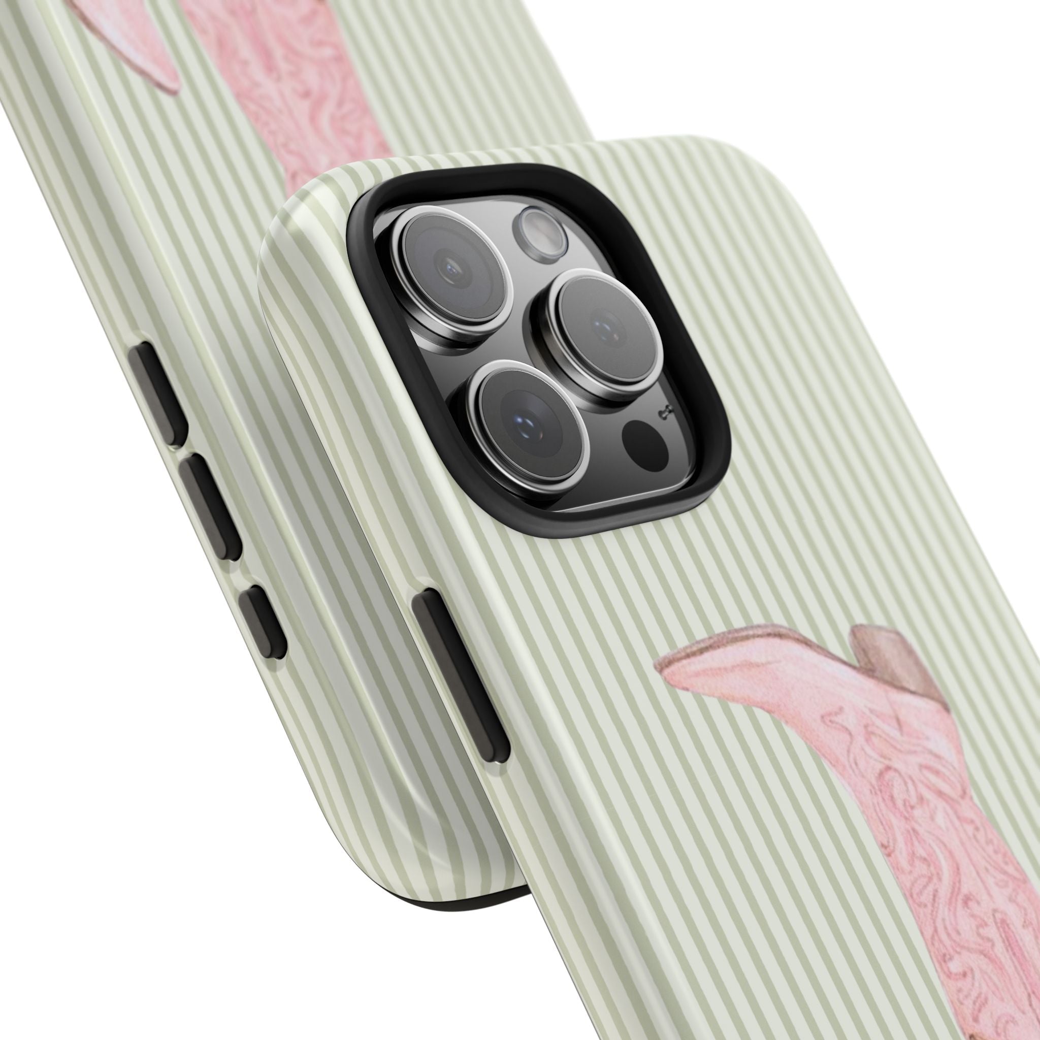 Angled view of green pinstripe phone case with pink boot graphic near camera lenses