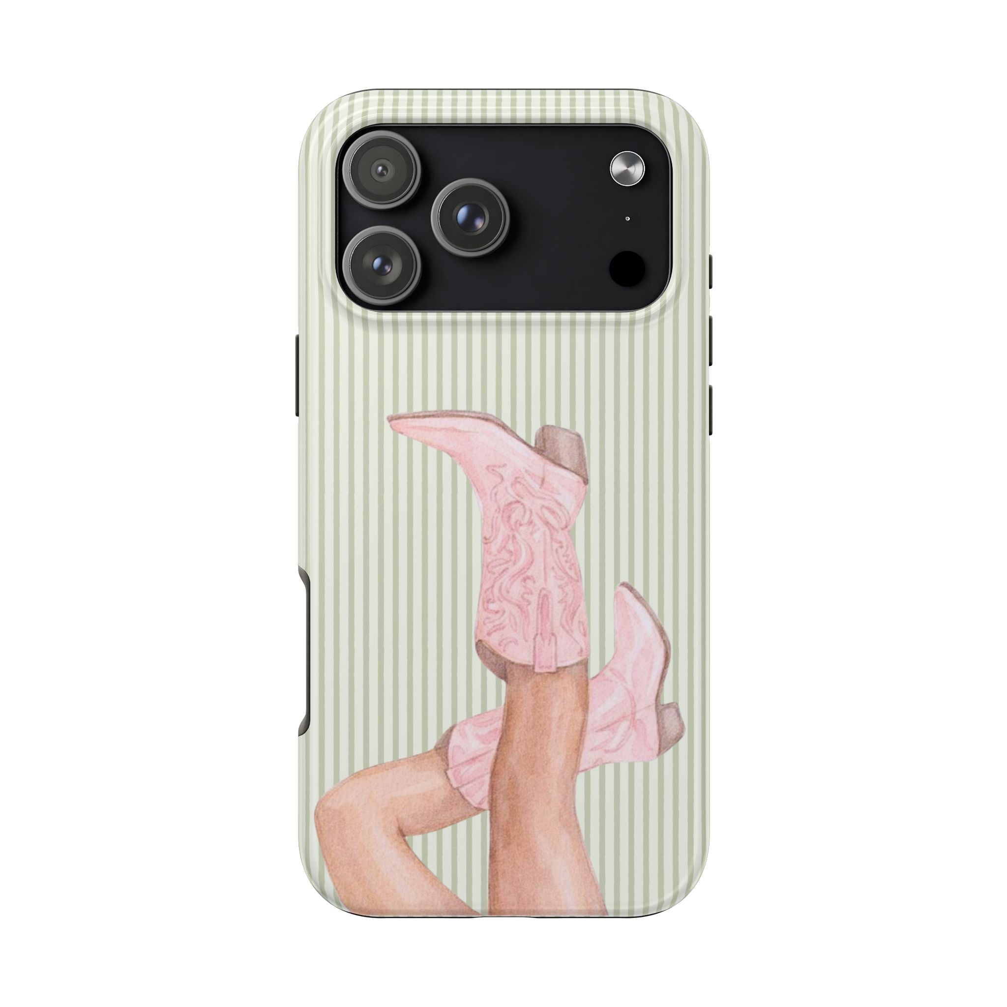 Green pinstripe phone case with pink cowgirl boot artwork and camera lens cutouts