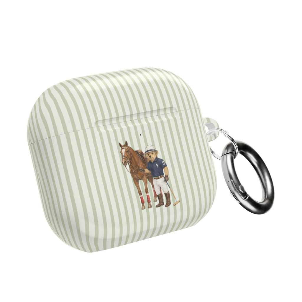 Green striped AirPods case with horse-and-rider print and metal keyring loop