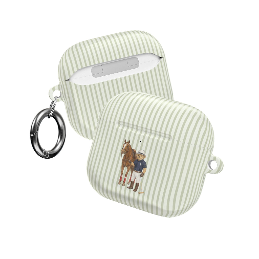 Green striped AirPods case with horse-and-rider print, side carabiner ring