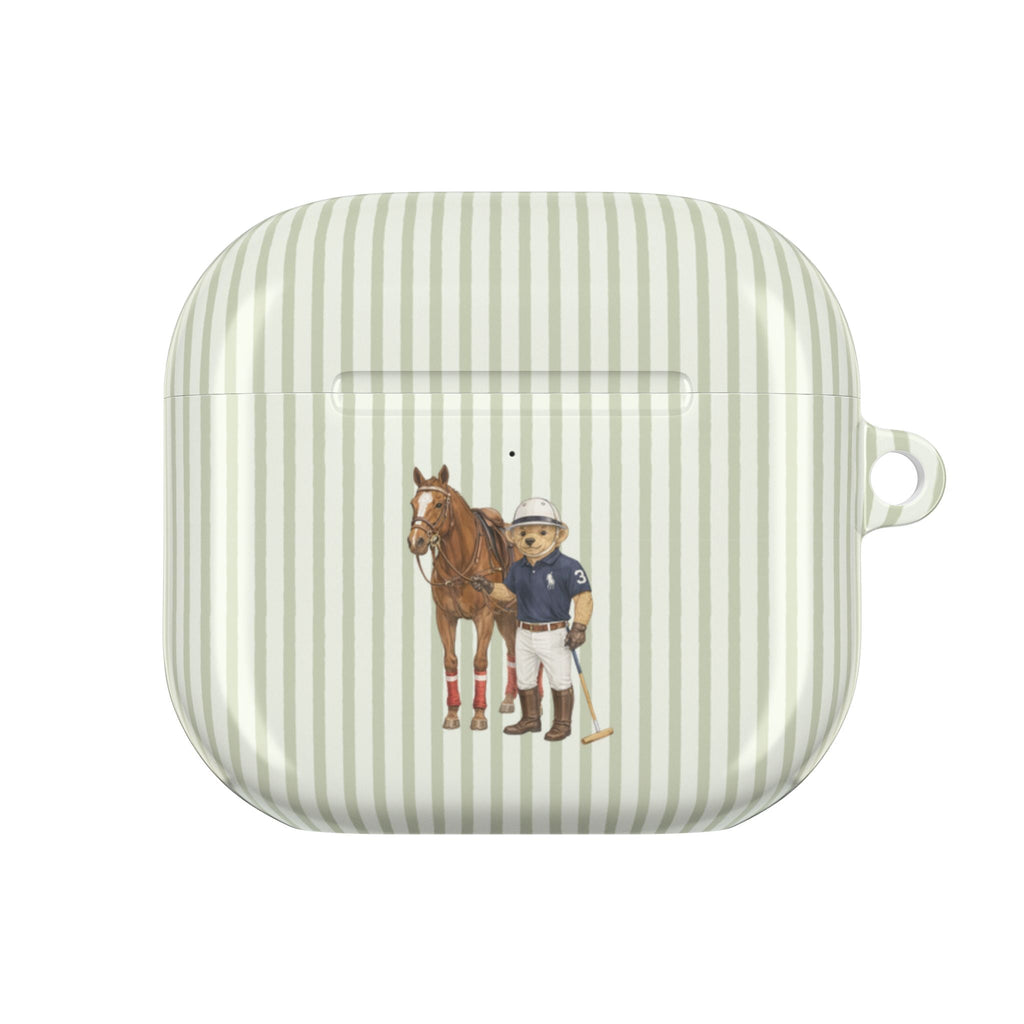 Green striped AirPods case with horse-and-rider print, front view