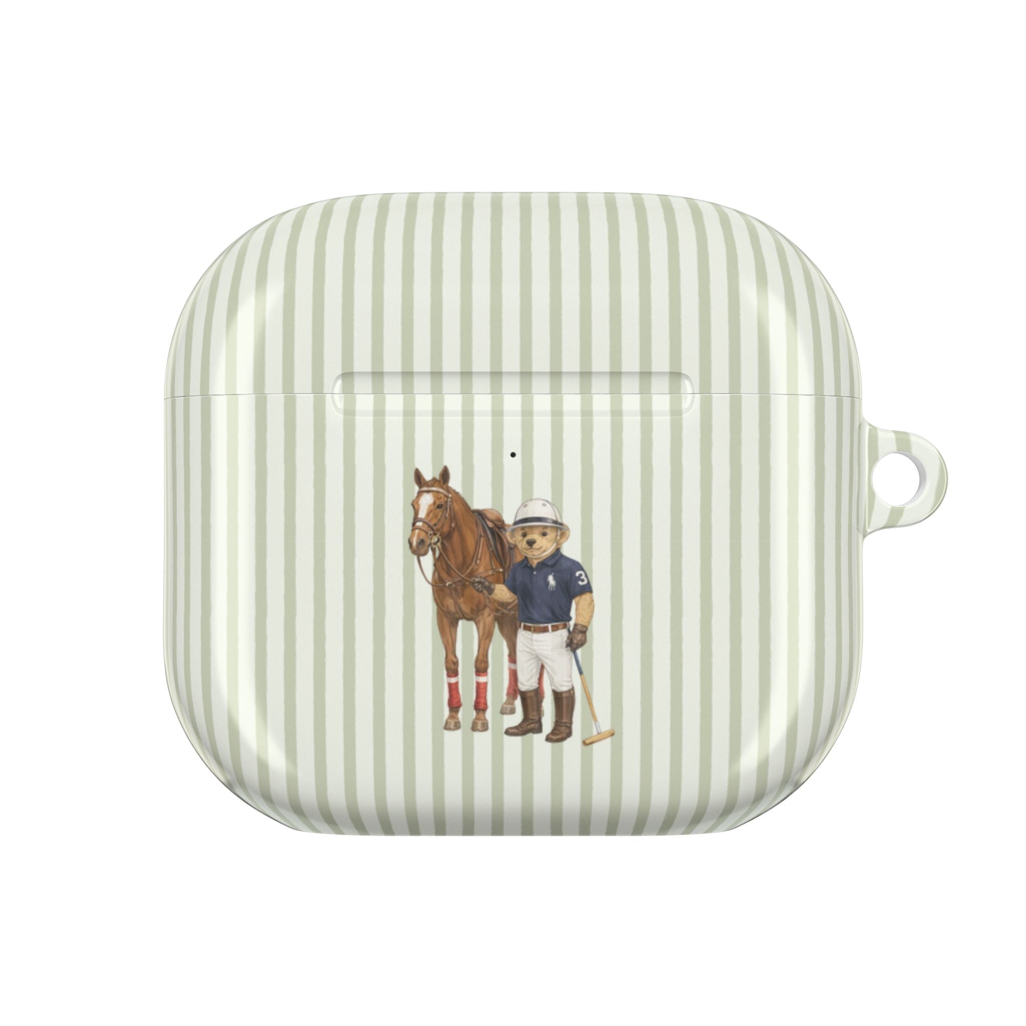 Green striped AirPods case with horse-and-rider print, front view