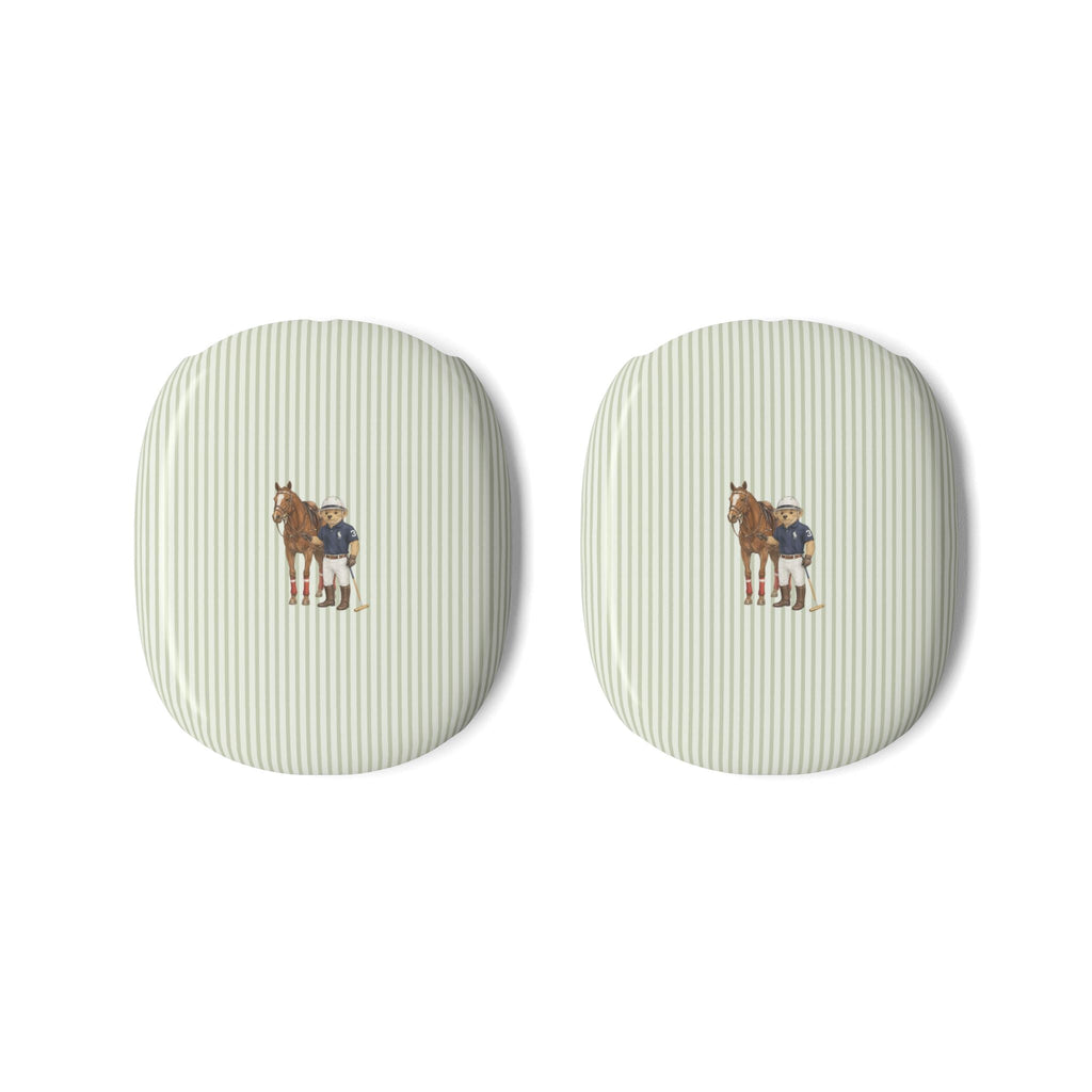 Pair of cream striped AirPods Max ear covers with small horse-and-rider print