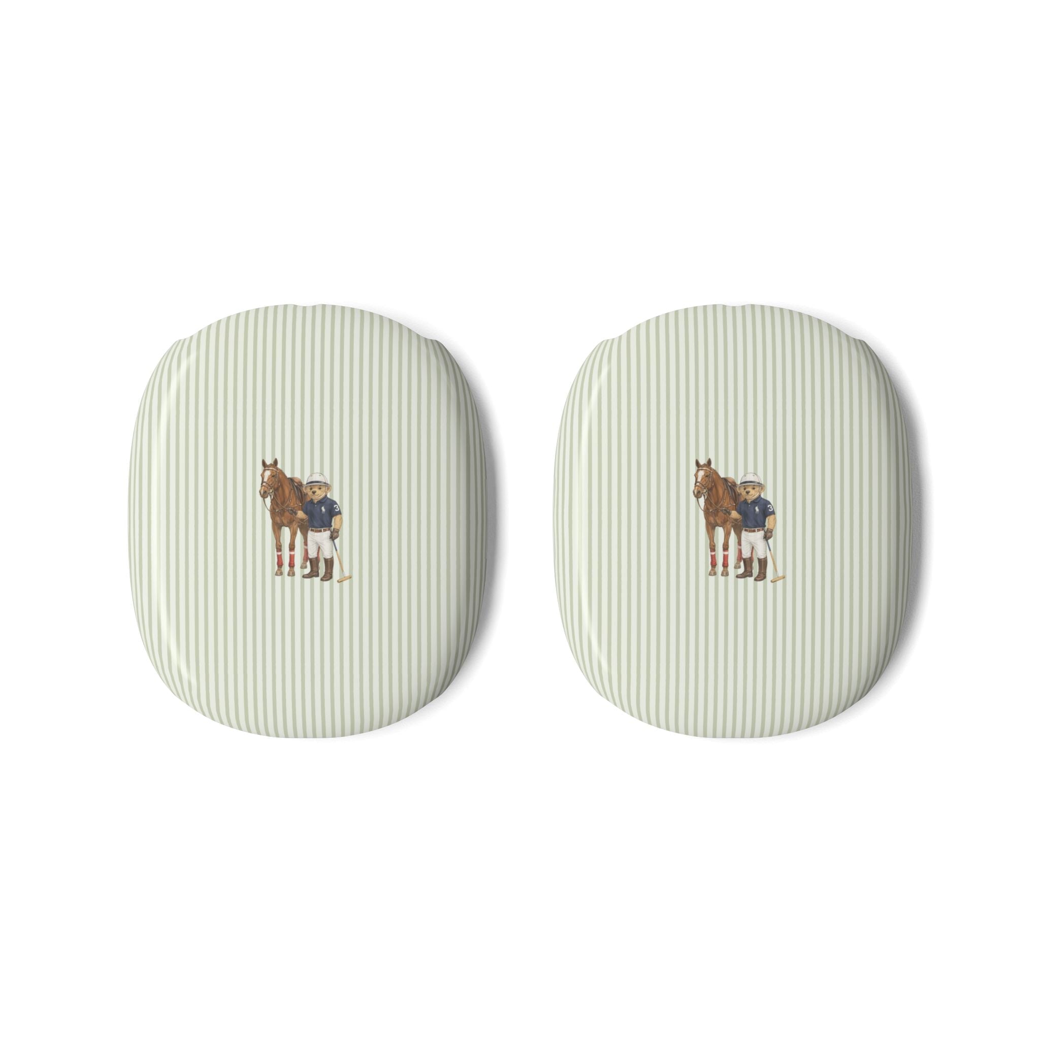 Pair of cream striped AirPods Max ear covers with small horse-and-rider print