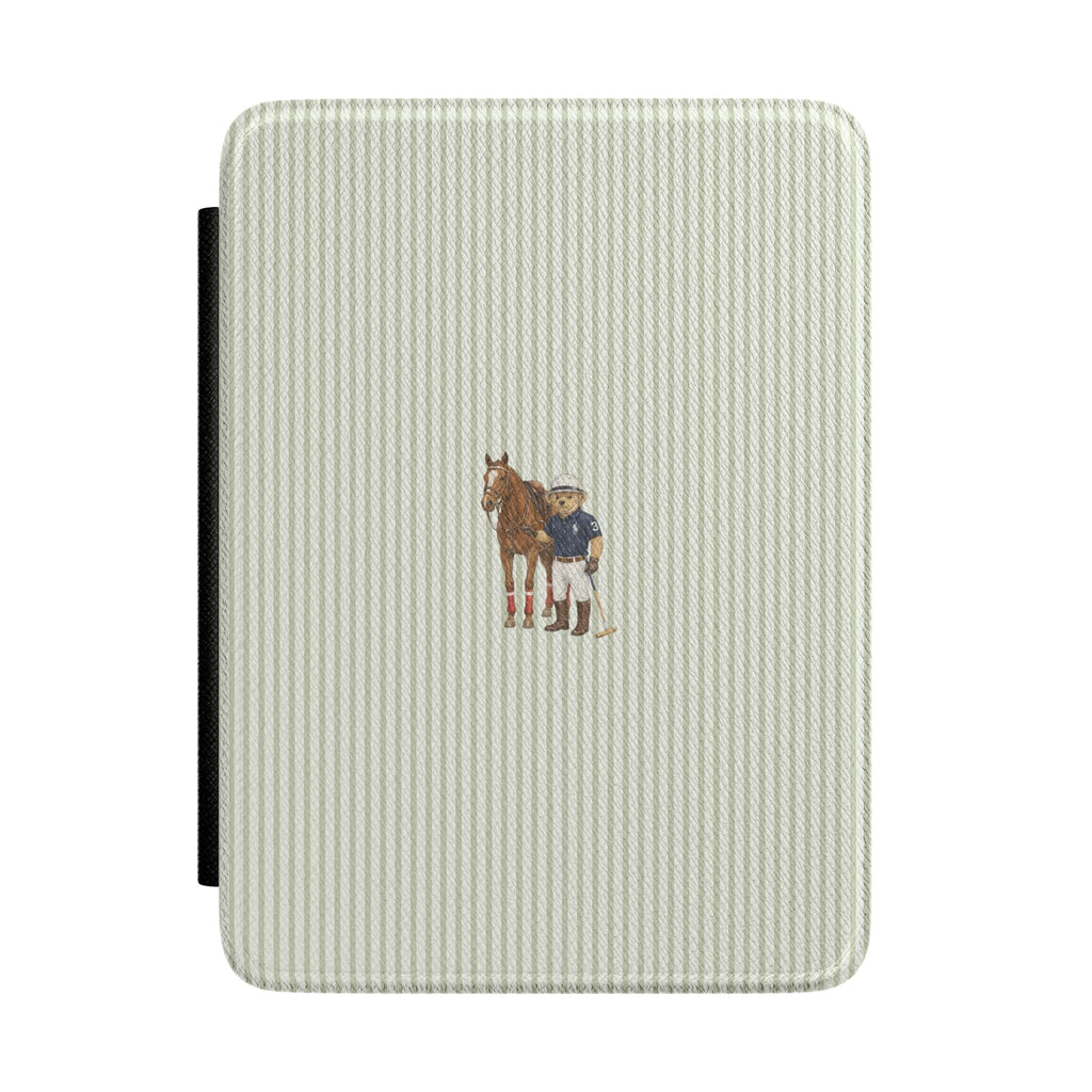 Hardcover Kindle case with textured light fabric and embroidered horse & teddy bear