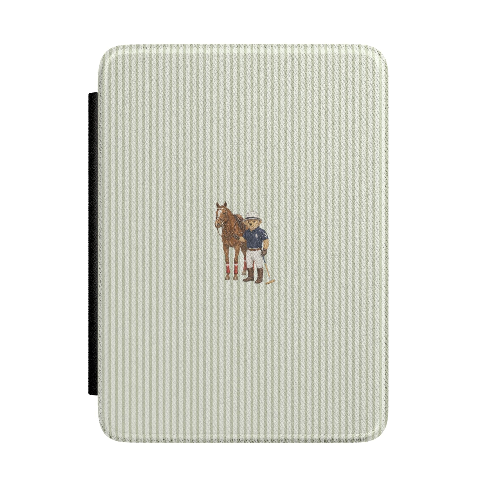 Hardcover Kindle case with textured light fabric and embroidered horse & teddy bear