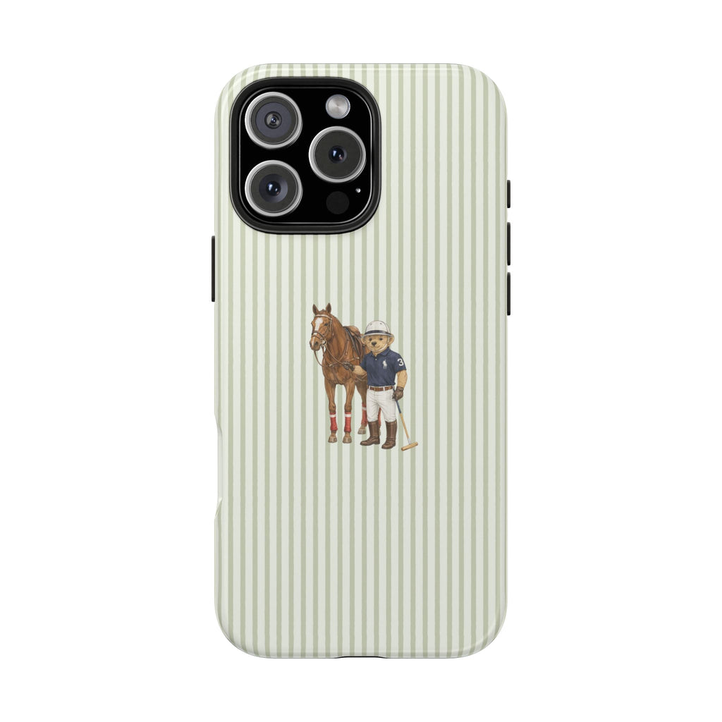 Light green vertical stripe phone case with horse and boy character print