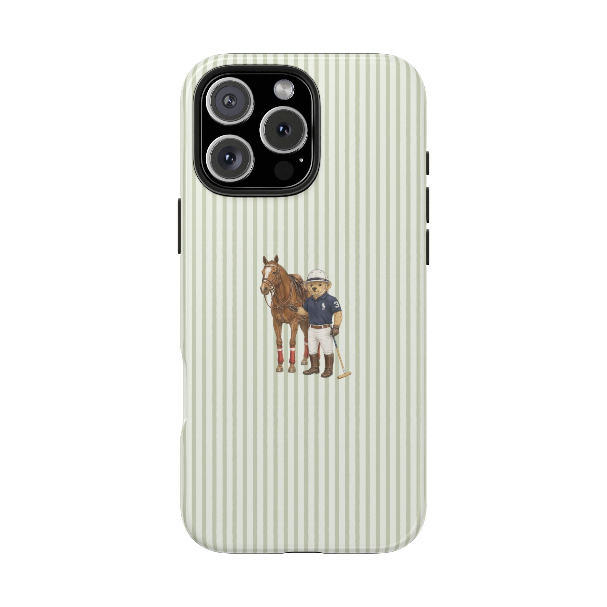 Light green vertical stripe phone case with horse and boy character print