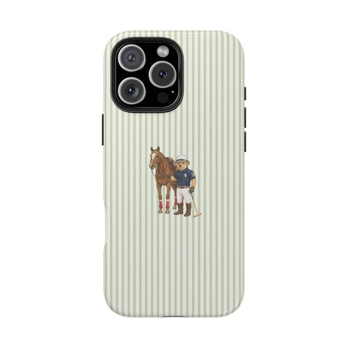 Light green vertical stripe phone case with horse and boy character print